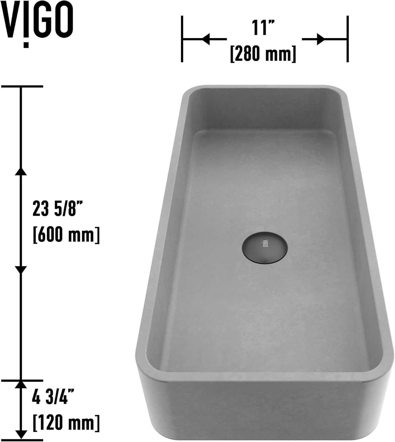 VIGO Palazzo Gothic 24"L x 11"W x 5"H Over the Counter Concrete Rectangular Vessel Bathroom Sink in Gray -VG04060