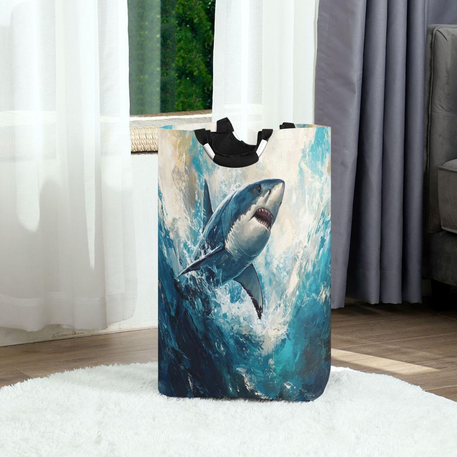 Jihqo Laundry Hamper Basket Fierce Shark Collapsible Nursery Storage Bin Waterproof Clothing Baskets for Home Bedroom Bathroom Washing Room