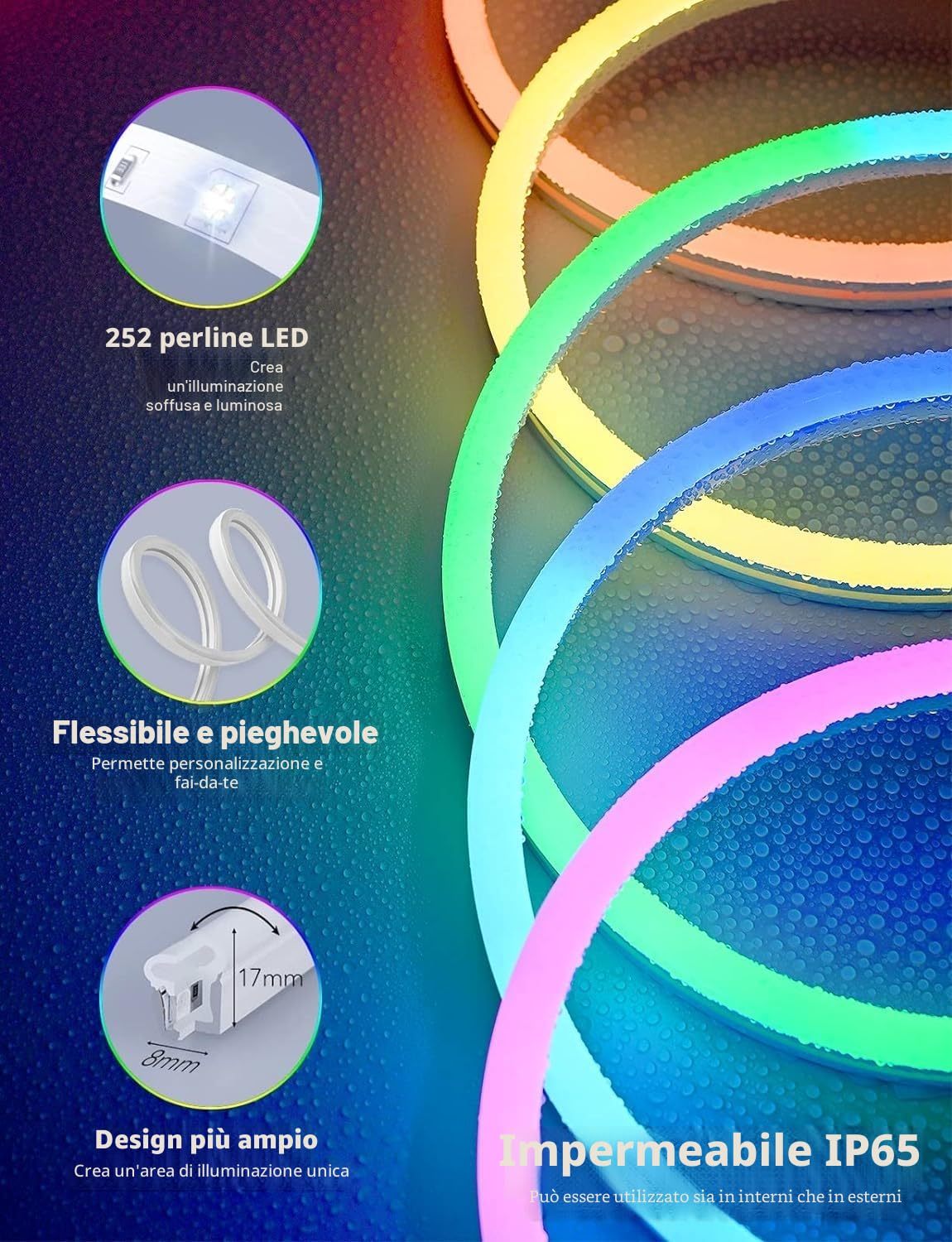 LUXONIC 5M Strisica LED Neon, RGBIC, 24V Silicone Neon Luci LED Flessibile Bluetooth con APP e Telecomando, impermeabile, Sincronizzazione Musicale, Decorazione Esterna/Interna del partito, Festa