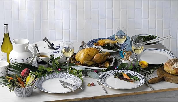 Royal Doulton Dinner Set, Stoneware, Designed to Mix & Match, 1815 Pacific Dinnerware Set, Blue Lines, 16 Piece Set