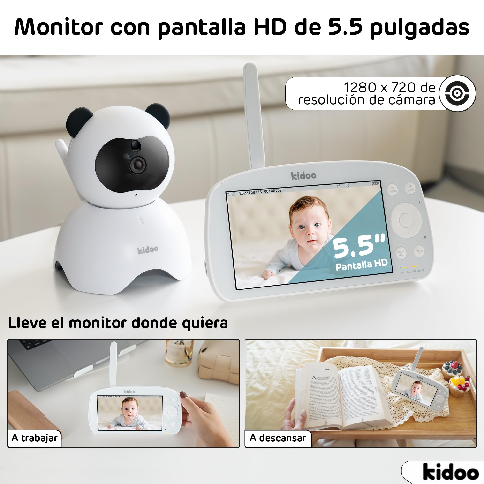 kidoo - Vigilabebés con Cámara y Audio, Monitor con Pantalla 720p HD de 5.5", Inteligencia VOX, Zoom x4, Visión Nocturna, Comunicación Bidireccional, Sensor de Temperatura y Alarma de Alimentación
