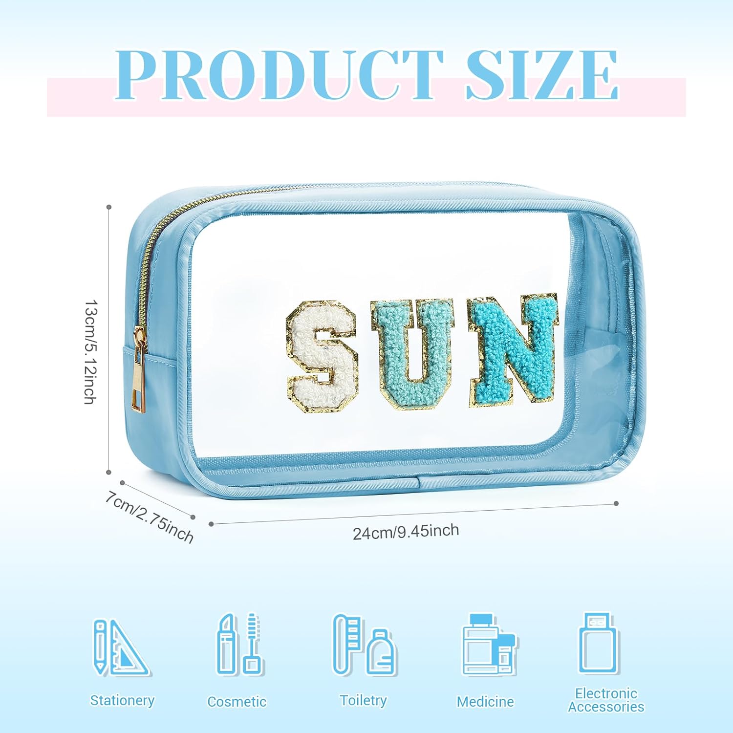 Kacctyen 6 Pcs Clear Sun Makeup Bags Bulk Sunscreen Pouch Chenille Letter Preppy Patch Makeup Bags with Zipper Waterproof Travel Toiletry Cosmetic Organizer for Summer Beach Pool Vacation Women Gift