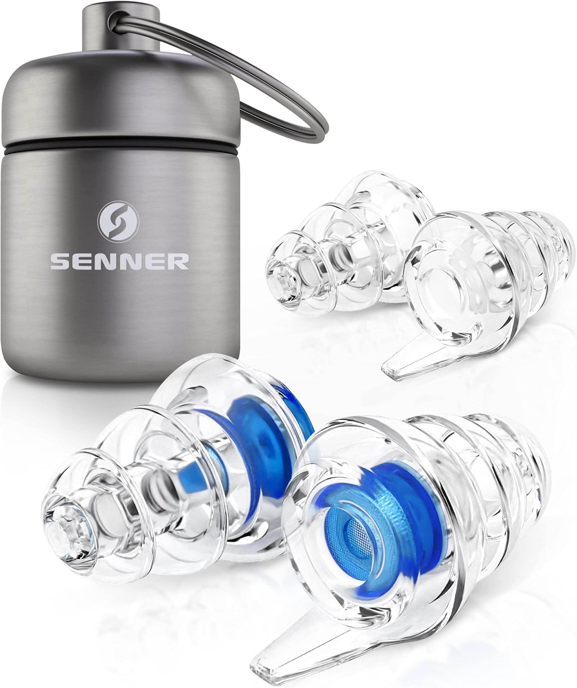 SennerMusicPro Ear Protection Earplugs for Concert, Festival, Music and Disco with Aluminium Container, Blue/Clear
