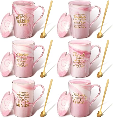 Sliner 6 piezas de regalos de agradecimiento para maestros de 3.9 x 3.6 pulgadas, taza de café de mármol con tapa de cuchara para mujeres y hombres,