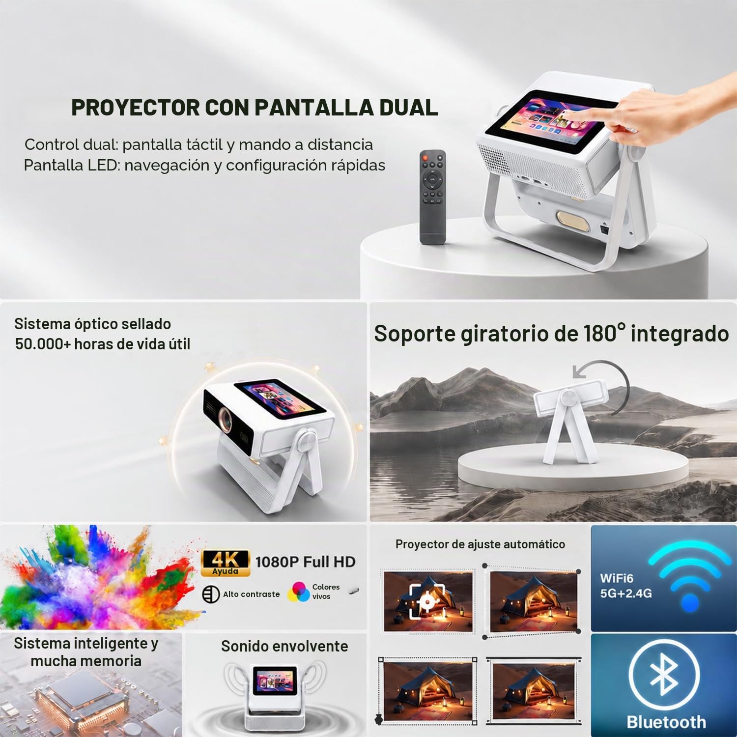 Proyector Inteligente Compatible 4K, Videoproyector Full HD 1080P con Pantalla Táctil, Doble Pantalla, 1200 ANSI, Enfoque Automático, WiFi 6 Bluetooth, 1000+ Apps, para Cine en Casa Dormitorio Camping