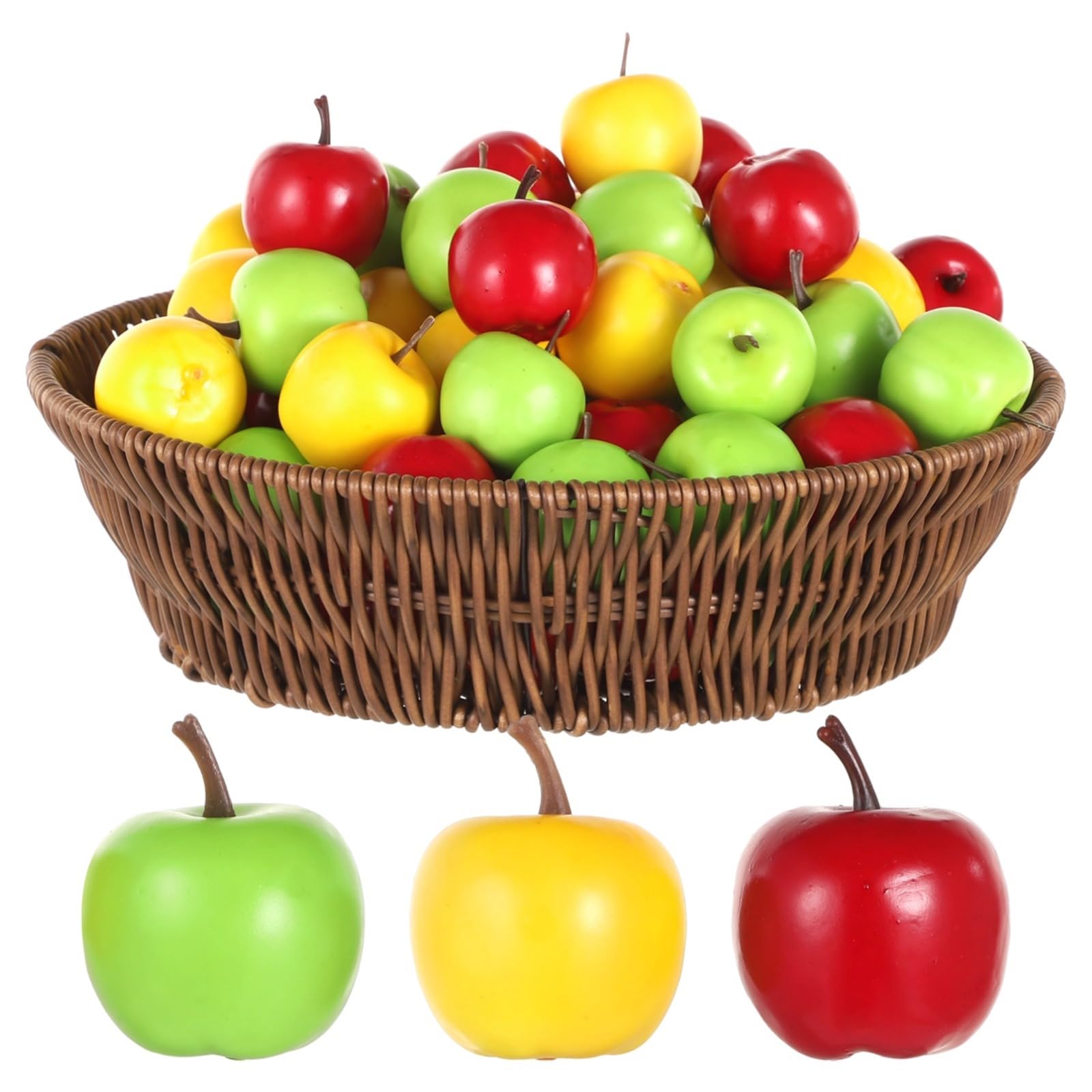Generisch 120 Stück Miniäpfel, 3 Farben Fake-Äpfel mit 1 geflochtenem Korb, realistische Kunstfrüchte, plastische Dekoäpfel für Herbsternte, Wohndeko, Obst-Fotorequisiten