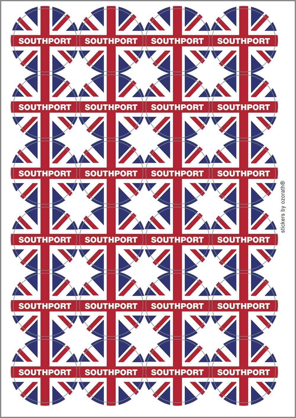 Southport Union Jack Circular Matt Paper Stickers A4 Sheet of 24 (Each Sticker is 45mm Diameter)