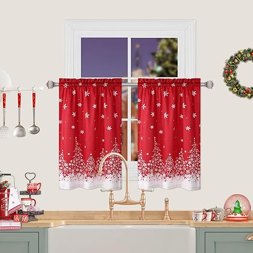 Cortina de cocina de terciopelo navideño para decoración de Navidad, cortina de café de 30 pulgadas, cortinas de ventana con bolsillo para barra