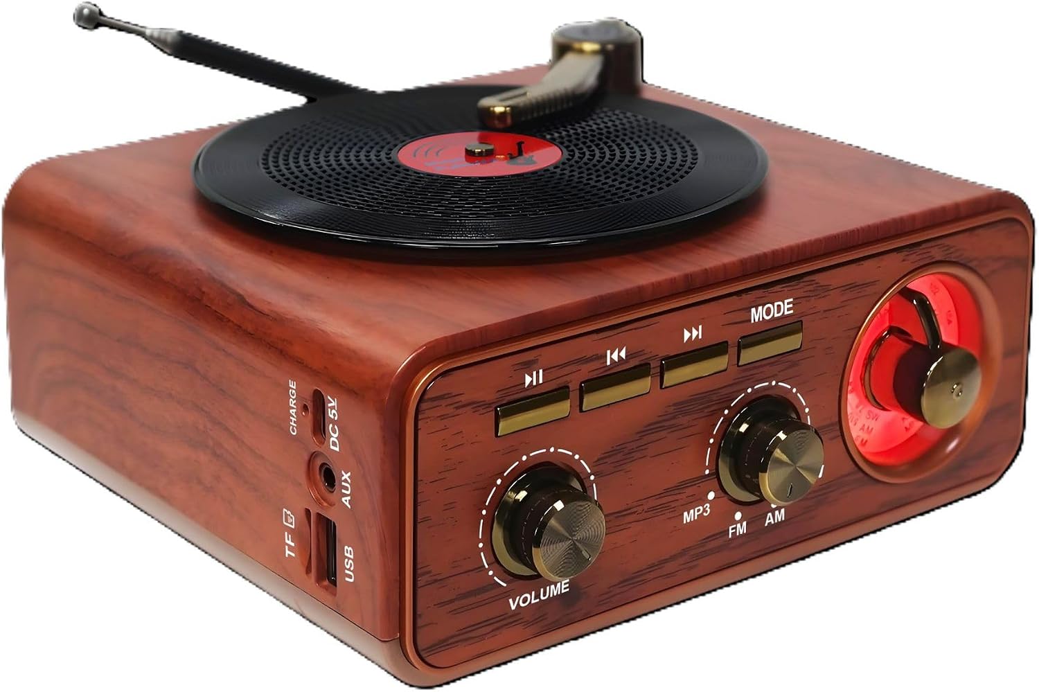 Tangxi AM FM SW Portable Radio, Record Player Style Bluetooth Retro Radio with Speaker, Adjustable Antenna, Rechargeable Battery Powered & USB Charging (Wood Color)