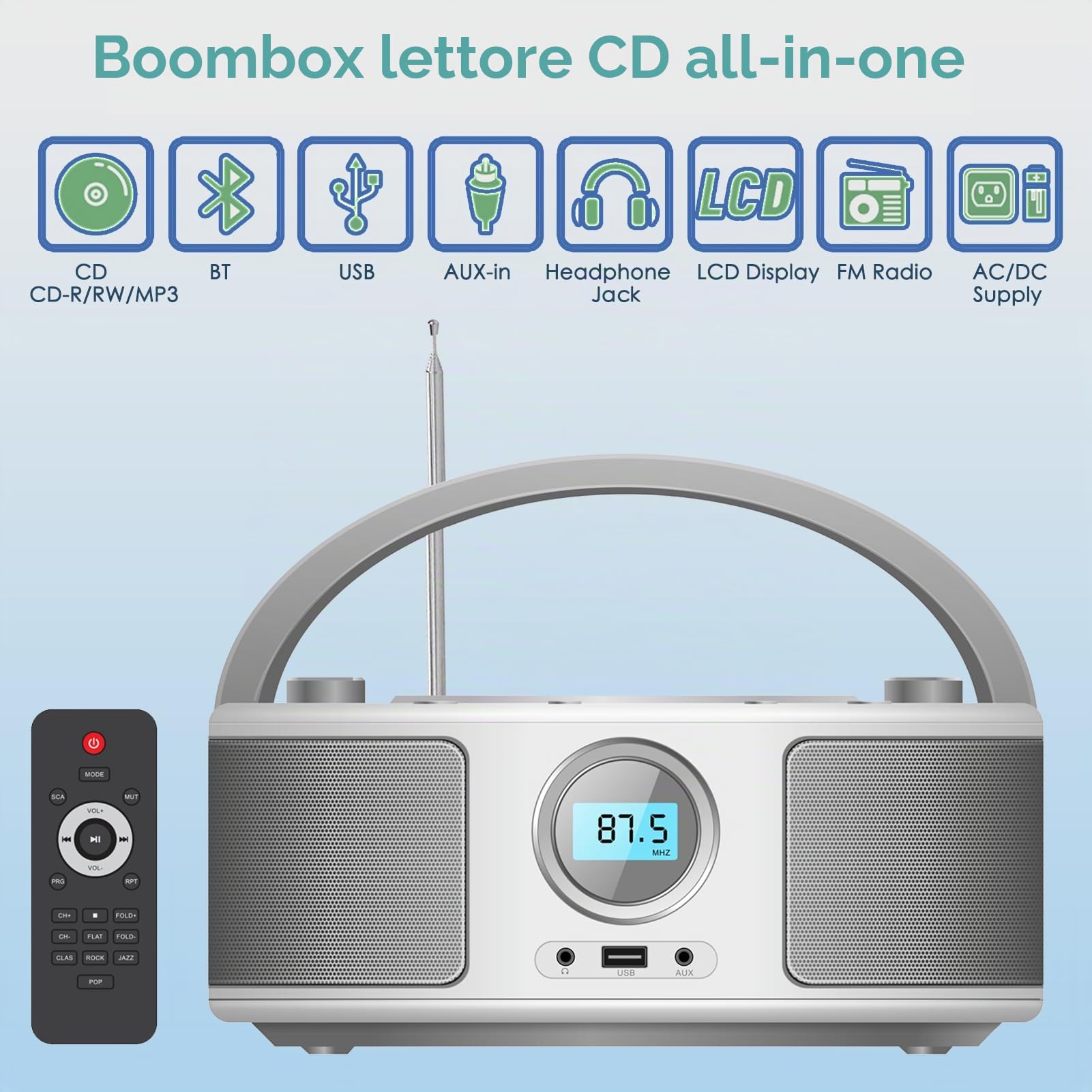Radio Portatili Boombox con Bluetooth, Telecomando, Lettore CD Stereo con Radio FM, Ingresso Blue Tooth, USB, AUX-IN,Compatibile CD-R/CD-RW,AC o Alimentato a Batteria