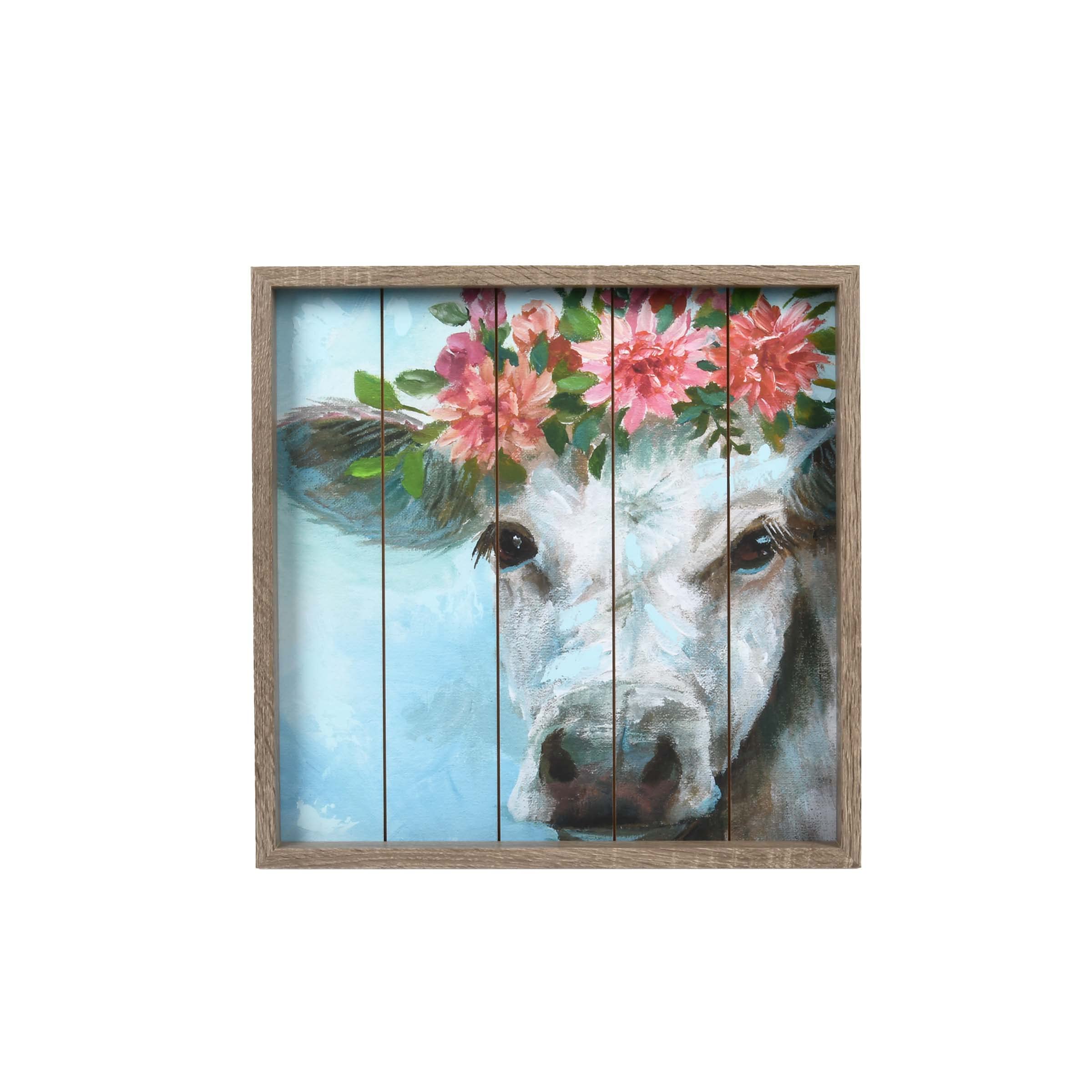 Décoration murale vache avec cadre cadre rustique fleuri multicolore