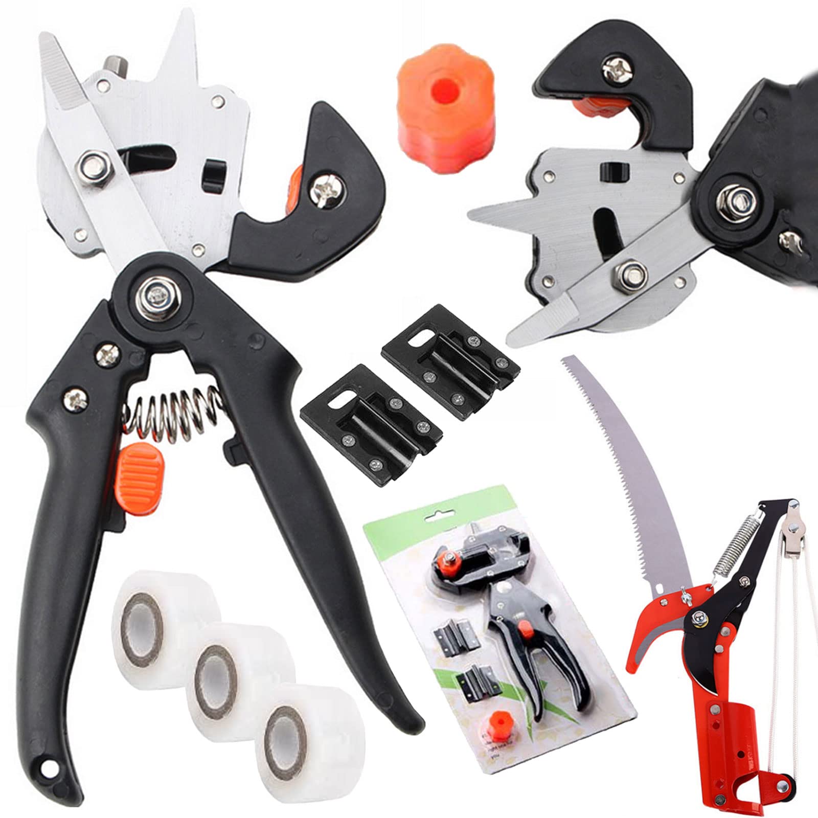 Veredelungsschere Ratschenschere Set, Professionelle Einhand Pfropfen Schneidwerkzeug mit 3 Klebebandrollen und 3 Formmessern (U-Cut, V-Cut & Ω-Cut) für Garten Blumen Baum Pflanzenzweige,Style1