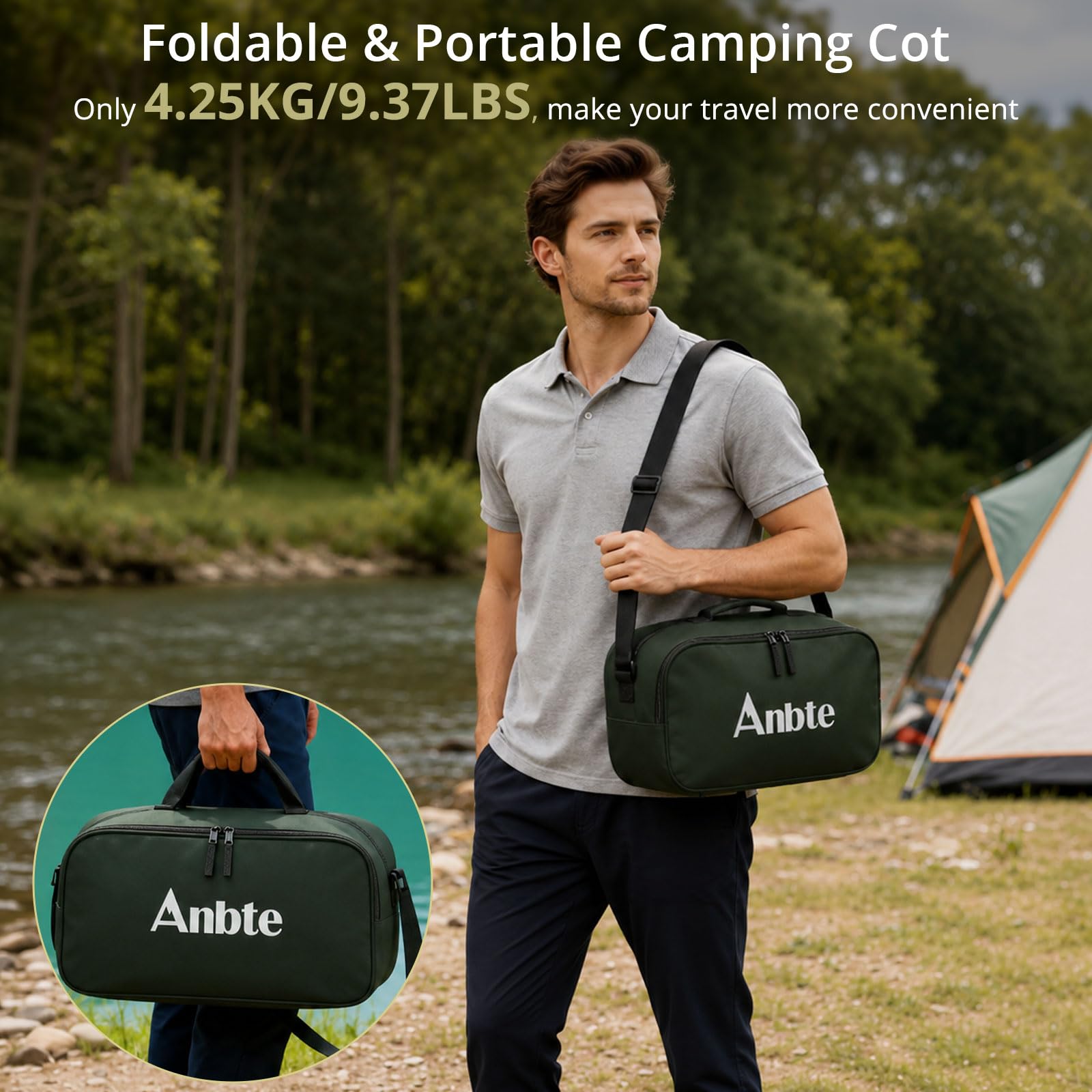 Anbte Campingbett Höhenverstellbar 190x70x[16/42] cm Feldbett bis 180kg Tragfähigkeit mit Tragetasche Bequemes Kinderbett Ultraleicht Klappbett für Reisen Strand Garten Büro (Grün)
