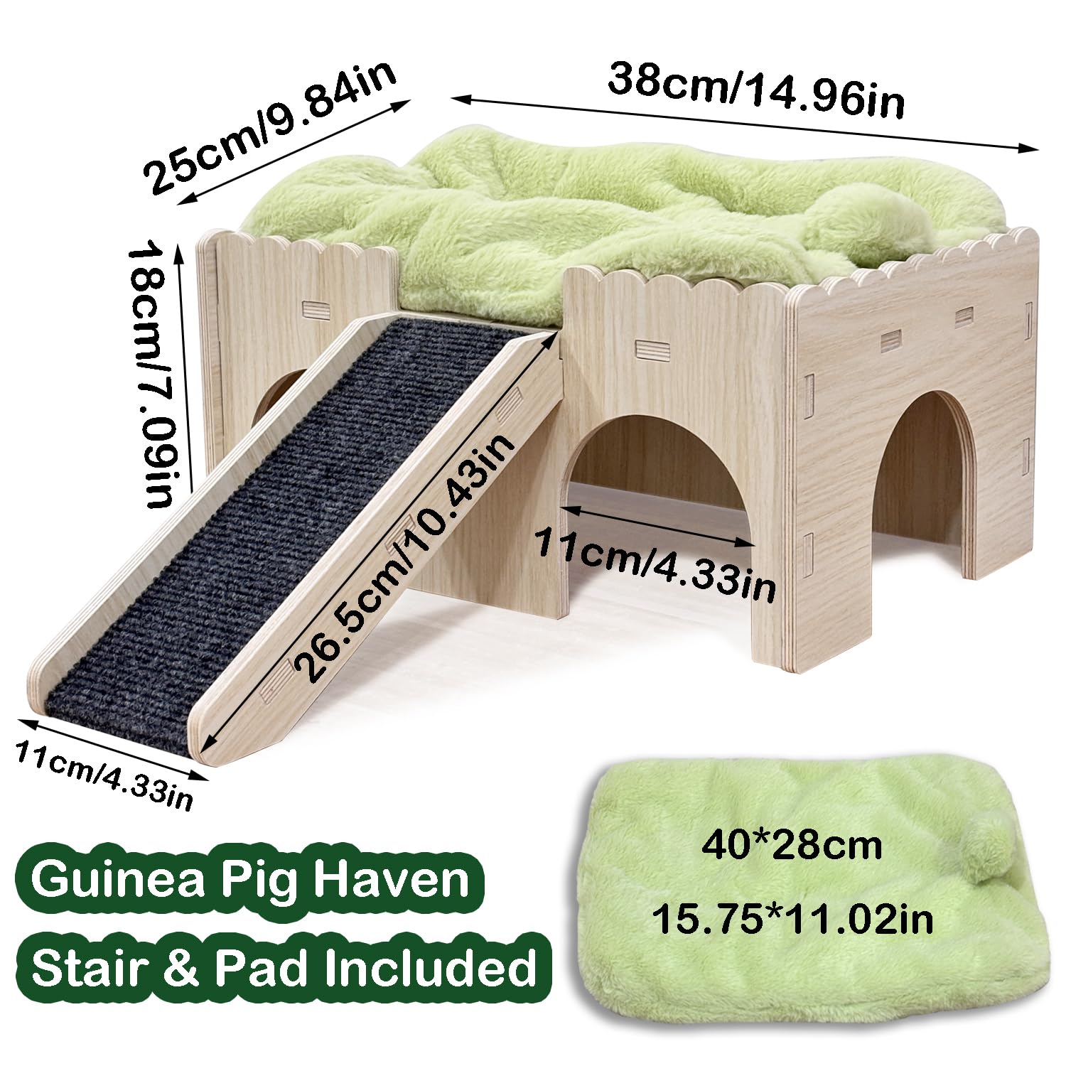 Meerschweinchenversteck aus Holz mit Rampe, 4 Eingänge, mit weichem Pad, 9 mm Holz, für Meerschweinchenhaus, Hasenversteck