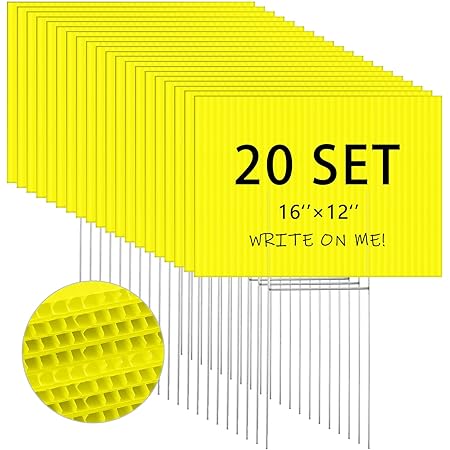 Tuanse 20 Pack Blank Yard Signs with Stakes Bulk Corrugated Plastic Lawn Signs Double Size for Garage Sale Real Estate Open House Rent Guidepost Birthday Party Decorations(16 x 12 Inch,Yellow)
