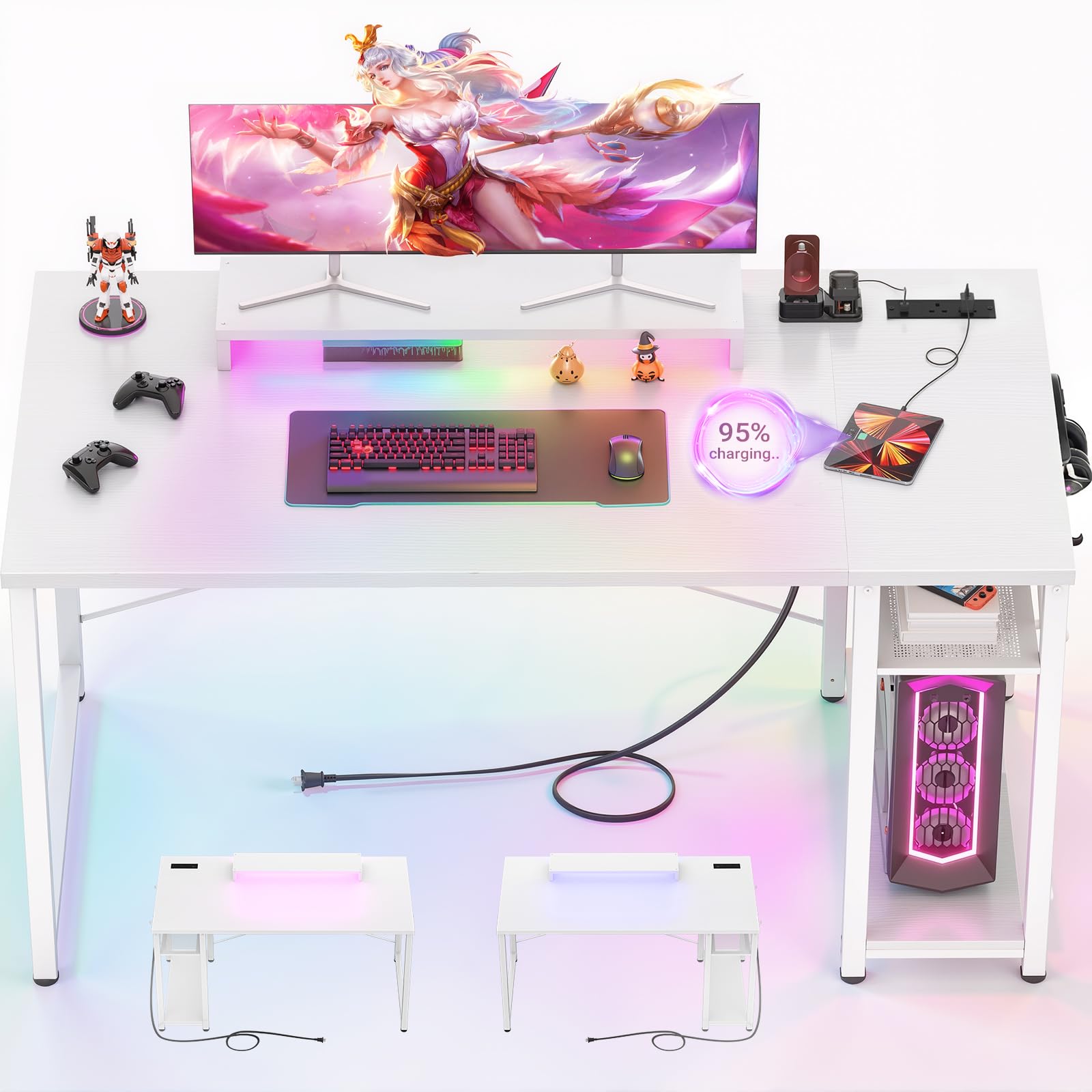 iSunirm 47 inch Gaming Desk with Power Outlets & LED Lights, White Computer Desk with Ergonomic Monitor Stand, Sturdy Home Office Desk for Small Spaces, Carbon Fibre Texture, Study Table for Bedroom