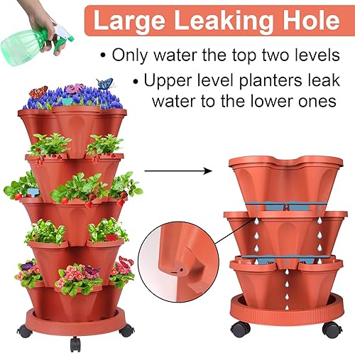 Miniatura 2 de Maceta vertical, maceta apilable de fresa de 5 niveles con juego de herramientas de jardín, maceta movible para interiores y exteriores, maceta de