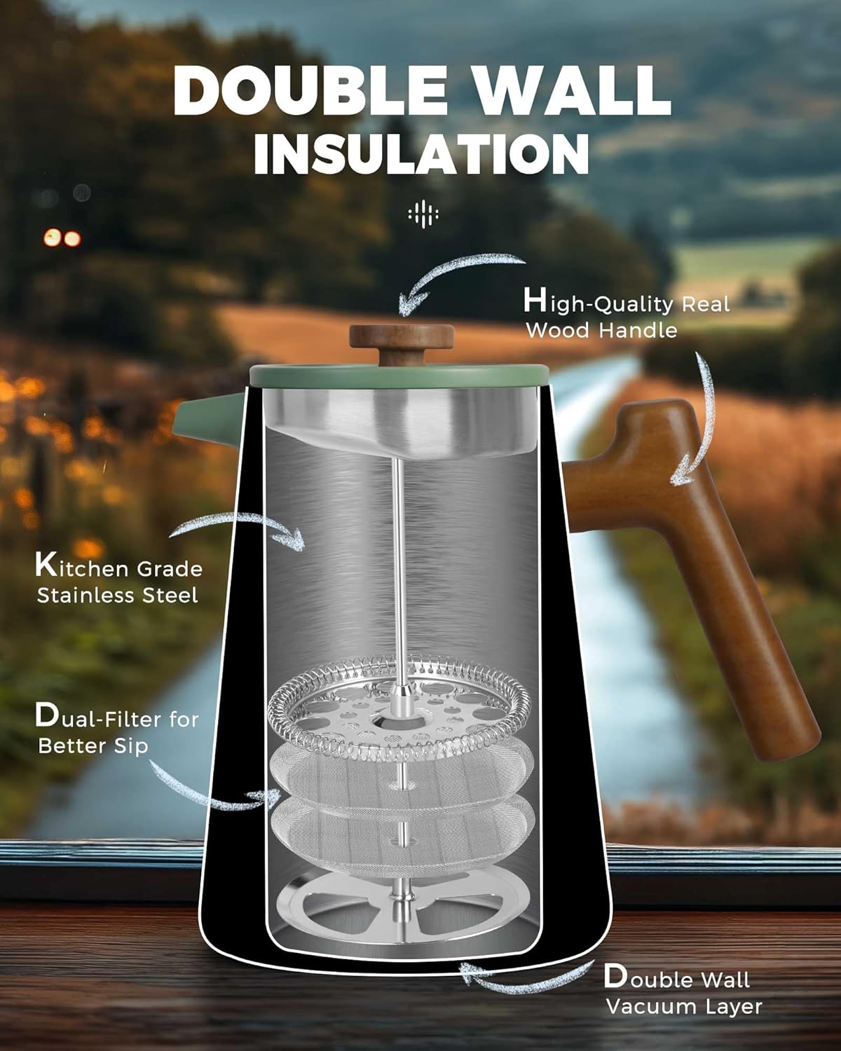 POLIVIAR French Press Coffee Maker, 34 oz Coffee Press with Real Wood Handle, Double Wall Insulation & Dual-Filter Screen, Food Grade Stainless Steel for Good Coffe and Tea, JX2025-XFPN - Image 2