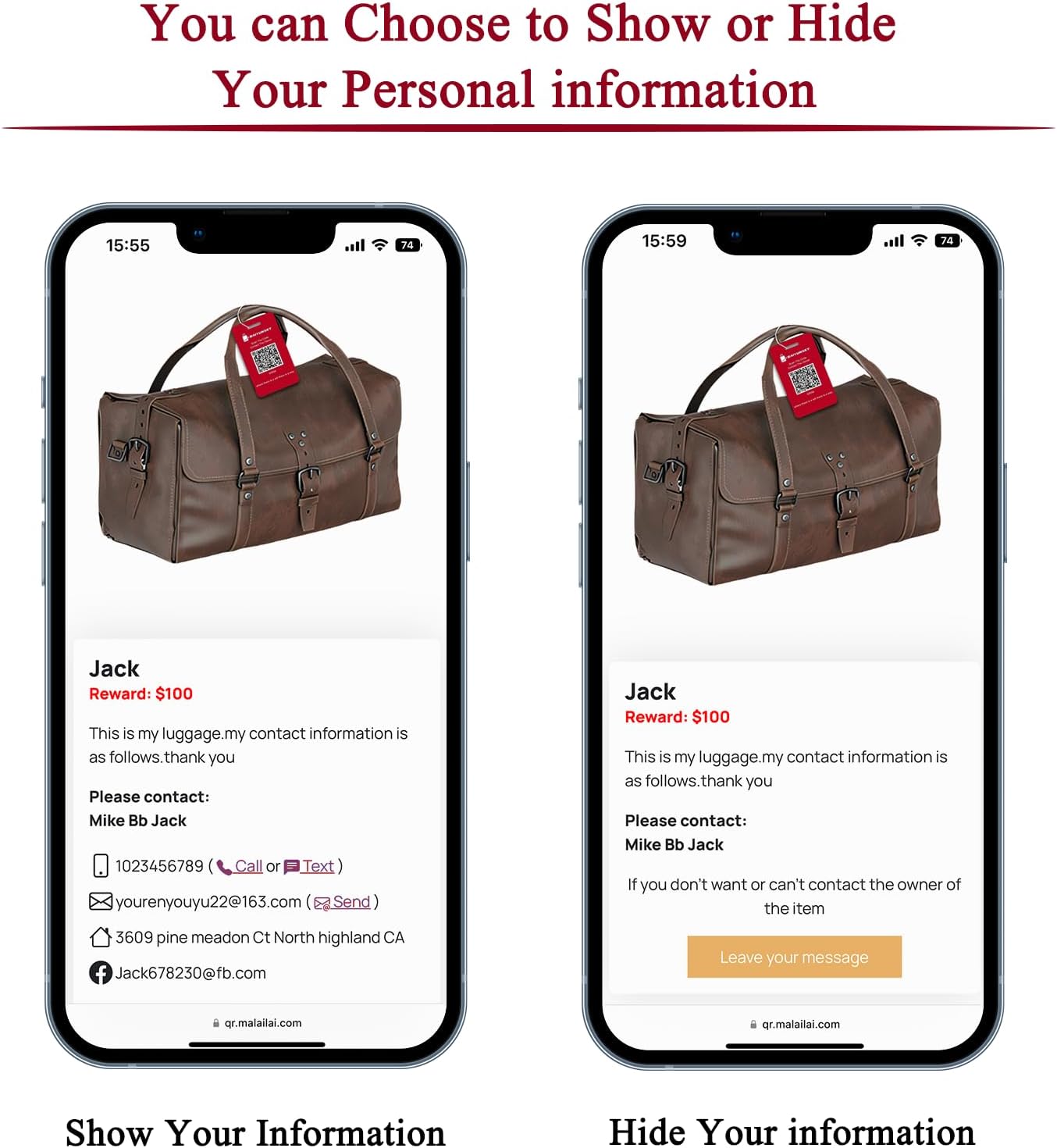 Smart Luggage Tags for Suitcases, 2 Pack QR Code Security Information Luggage Tag, Steel Ring, Waterproof Privacy Protection Luggage Tag, No App No Subscription Needed (Red)