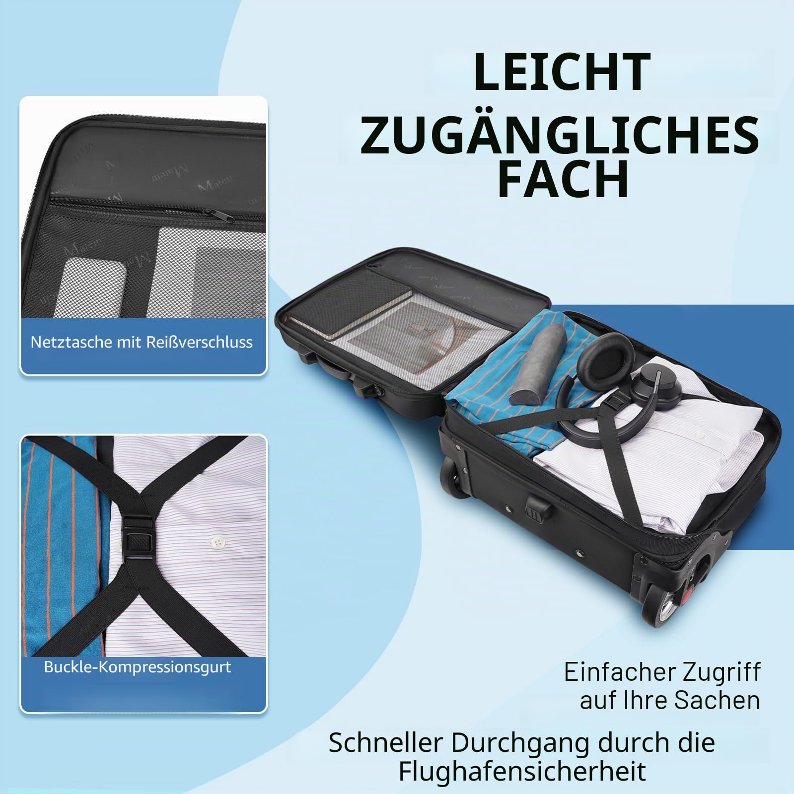 MATEIN Business Trolley mit Großen Rädern, Laptop Trolley 17,3 Zoll mit 3 Packing Cubes, Pilotenkoffer mit Rollen wasserdichte, Aktenkoffer mit Rollen für Herren, Reisen, Arbeit, Schule, Schwarz