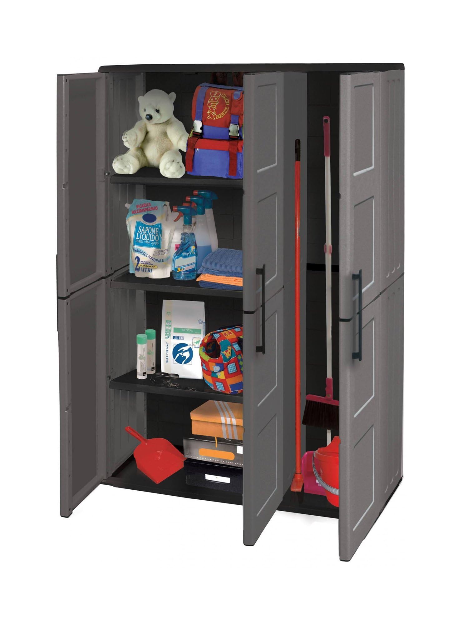 Dmora - Armoire d'extérieur Bilzen, Mobilier d'extérieur, Armoire de Balcon Polyvalente, 100% Made in Italy, Gris et Noir, Finition à Carreaux, 102x37h163 cm