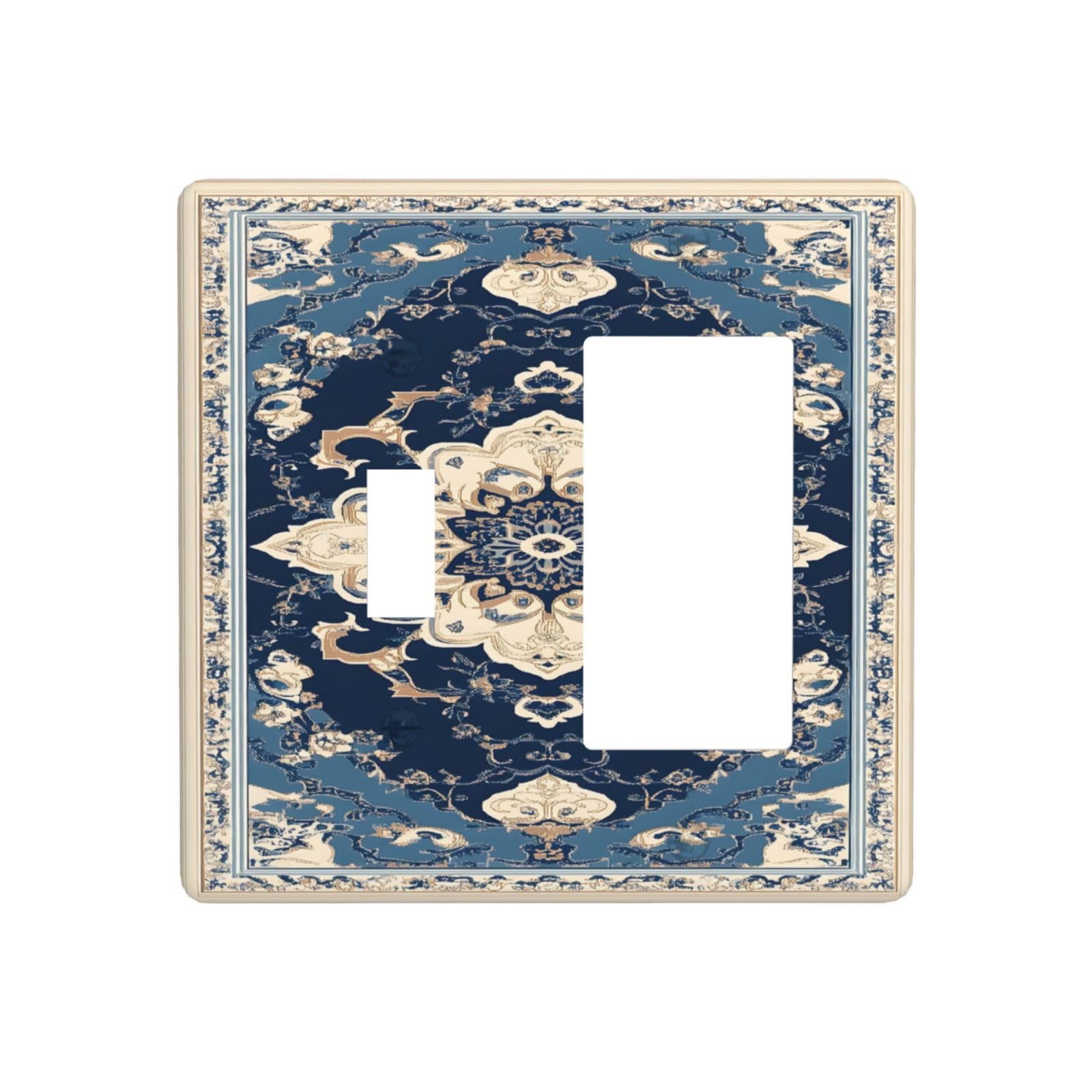 Vghoko Decorative Outlet Covers Boho Beige Navy Blue Medallion 2-Gang Combo Light Switch Cover Plate Single Toggle/Rocker Wall Plate Plug Switch Plate