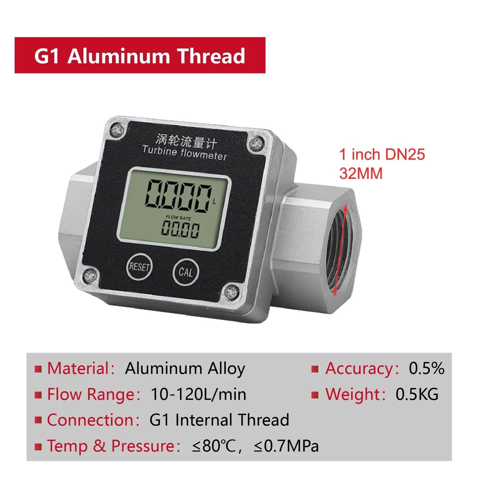 Medidor de flujo de turbina digital de acero inoxidable de 1 1,5 2 pulgadas, medidor de flujo de agua y urea electrónico con pantalla LCD y totalizador. Fácil de controlar(1.5 inch Al Alloy)