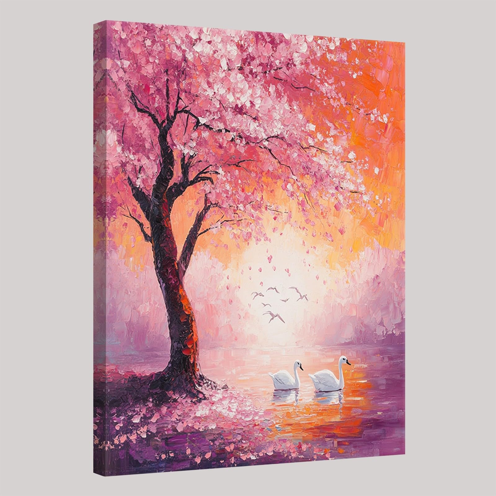 Leinwandbild 70 x 50 cm Abstrakte Kirschblüten und Schwäne Kunstdruck Wandbild Foto Poster Bild Fertig zum Aufhängen Aesthetic Deko Flur küche Büro Villa Badezimmer