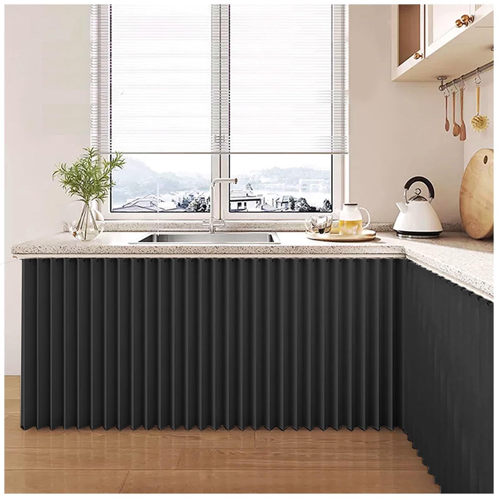 Cupboard Curtain Kitchen - Dustproof Blackout Waterproof Cafe Short Curtains with Self Adhesive Track, Under Sink/Counter Curtain, Kitchen Cabinet/Wardrobe/Washing Machine Curtains(Black,200x120cm)