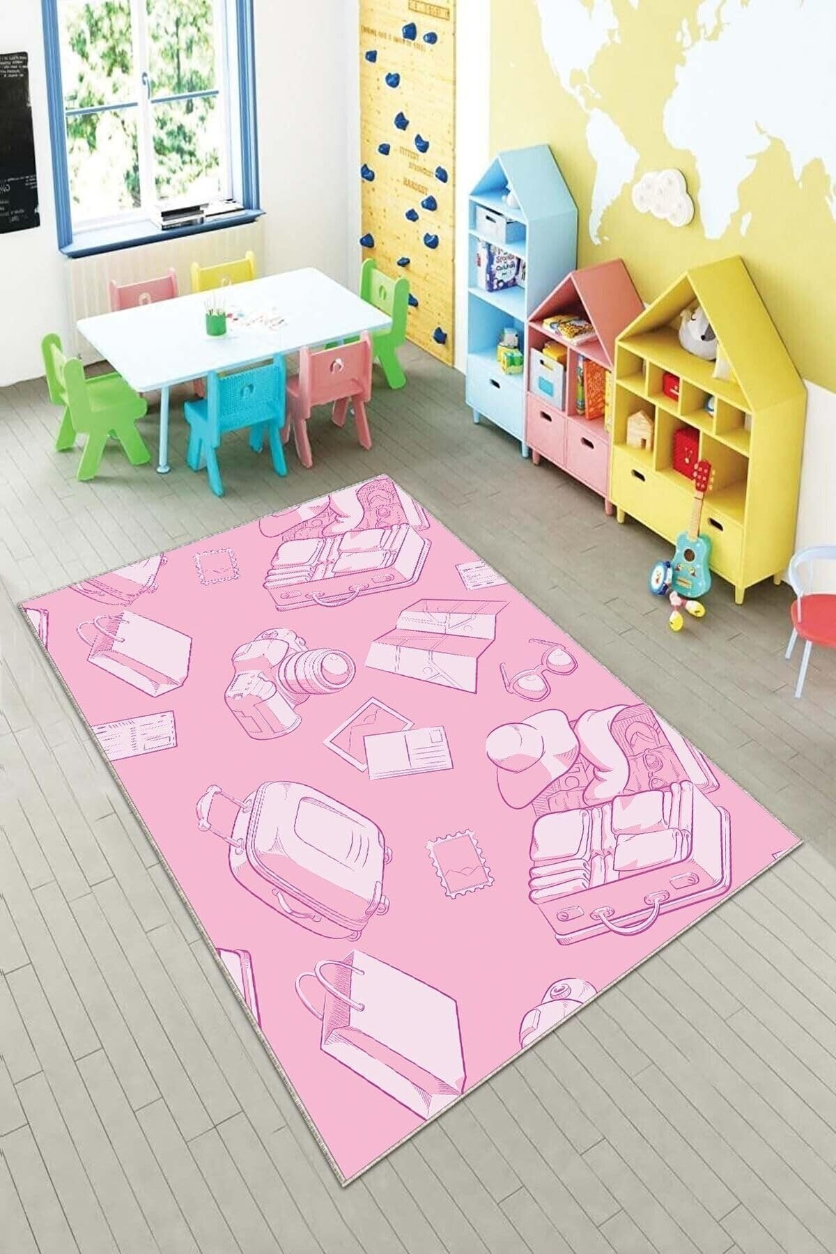 Pelangi Pembe Eşya Ikonlu Çocuk Yıkanabilir Kaymaz Taban Leke Tutmazbebek Ve Çocuk Odası Halısı, Şeker Pembe 130 x 180
