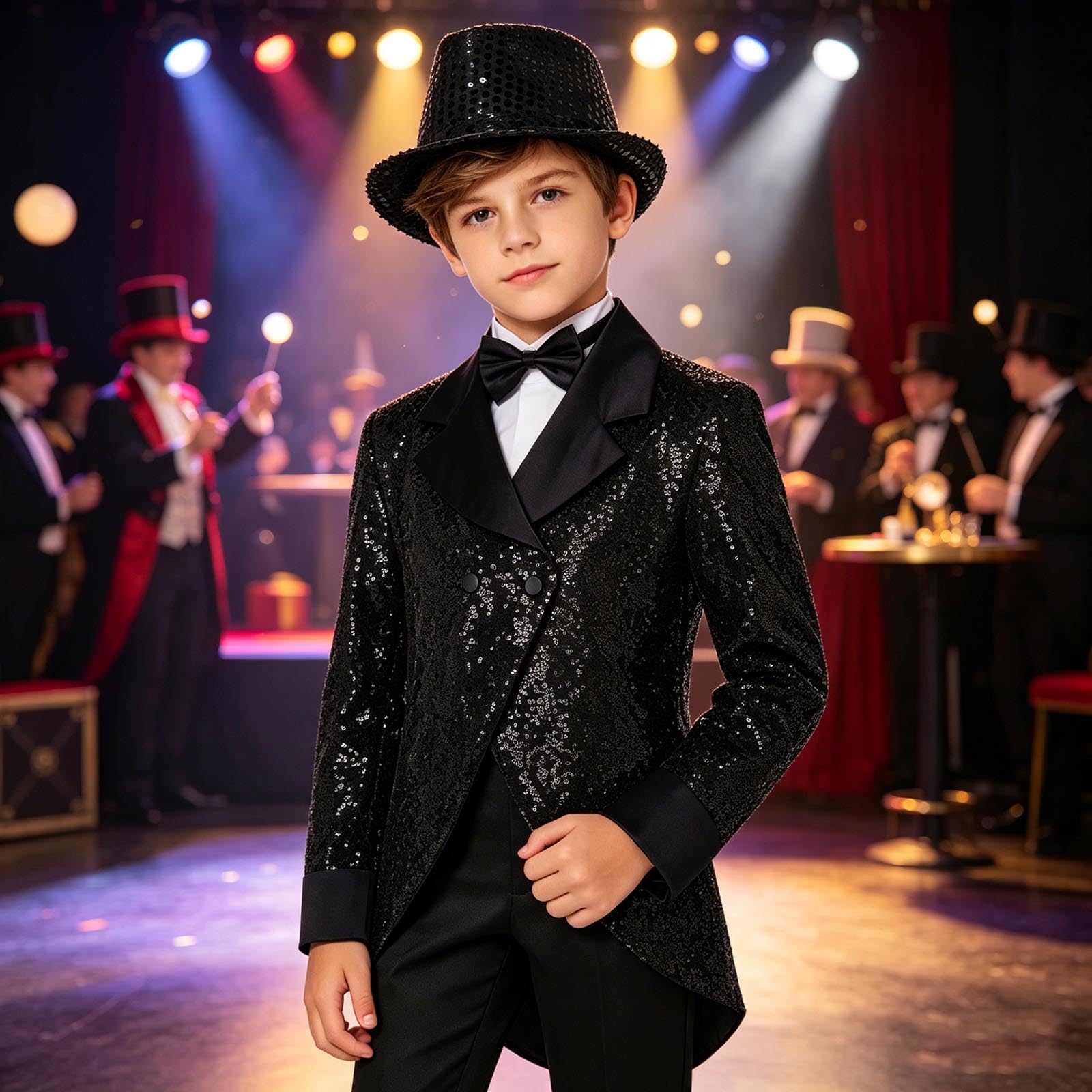 inhzoy Kinder Jungen Anzugjacke Glitzer Kinderanzug Smoking Glitzer Partyhüte Kopfbedeckung Revers Elegant Sakko Kinderanzug Party