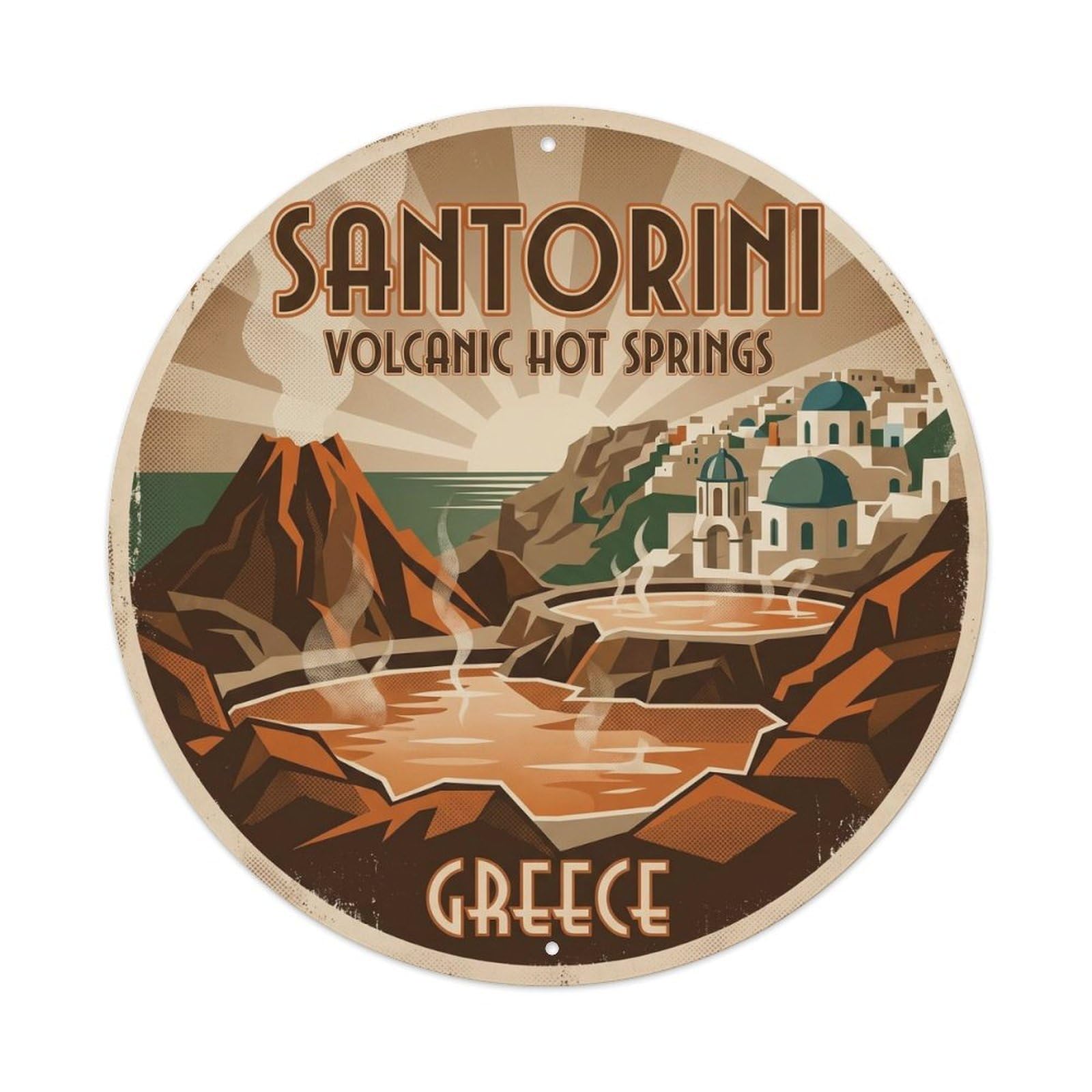 Volcanic Hot Springs Santorini Greece Blue Dome Oia Metal Tin Sign