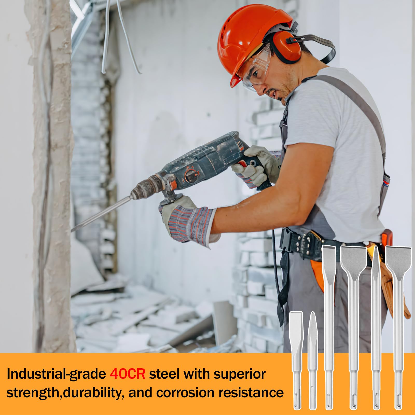 Cincel SDS Plus Juego de 6, Brocas SDS, Brocas Hormigon, 14x150mm&14*250mm Puntero, 20x150mm&20x250mm Cincel Plano, 40x250mm Cincels para Concreto, Mampostería,Taladros Ligeros y Martillos de Impacto