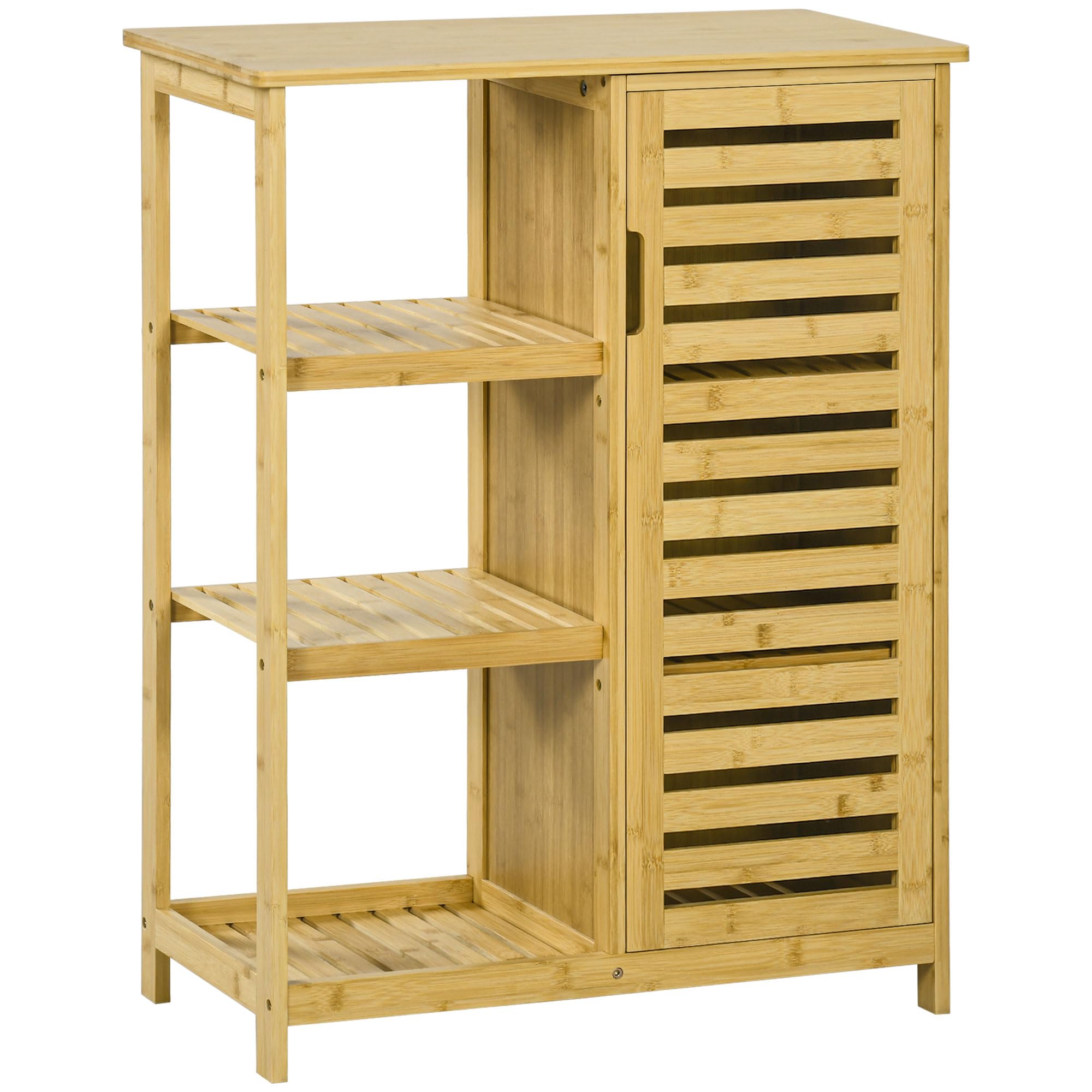 kleankin Bathroom Cabinet Bathroom Cabinet with Cabinet Compartment, 3 Open Levels, Toilet Cabinet with Tilt Protection, Side Table Cabinet for Bathroom, Bamboo, Natural, 66 x 33 x 87 cm