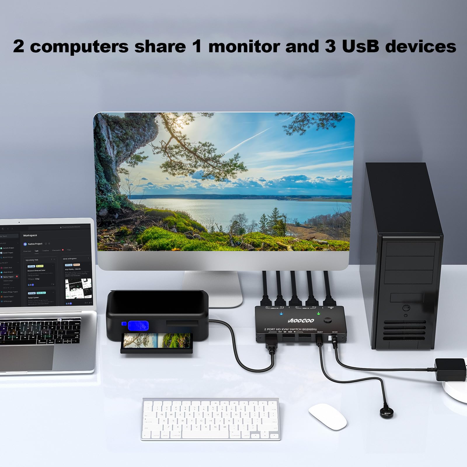 Conmutador KVM HDMI 2.1 8K @ 60 Hz, conmutador KVM HDMI 2.1 para 2 ordenadores que comparten monitor y dispositivos USB 3.0, mando a distancia por cable y cable USB incluido