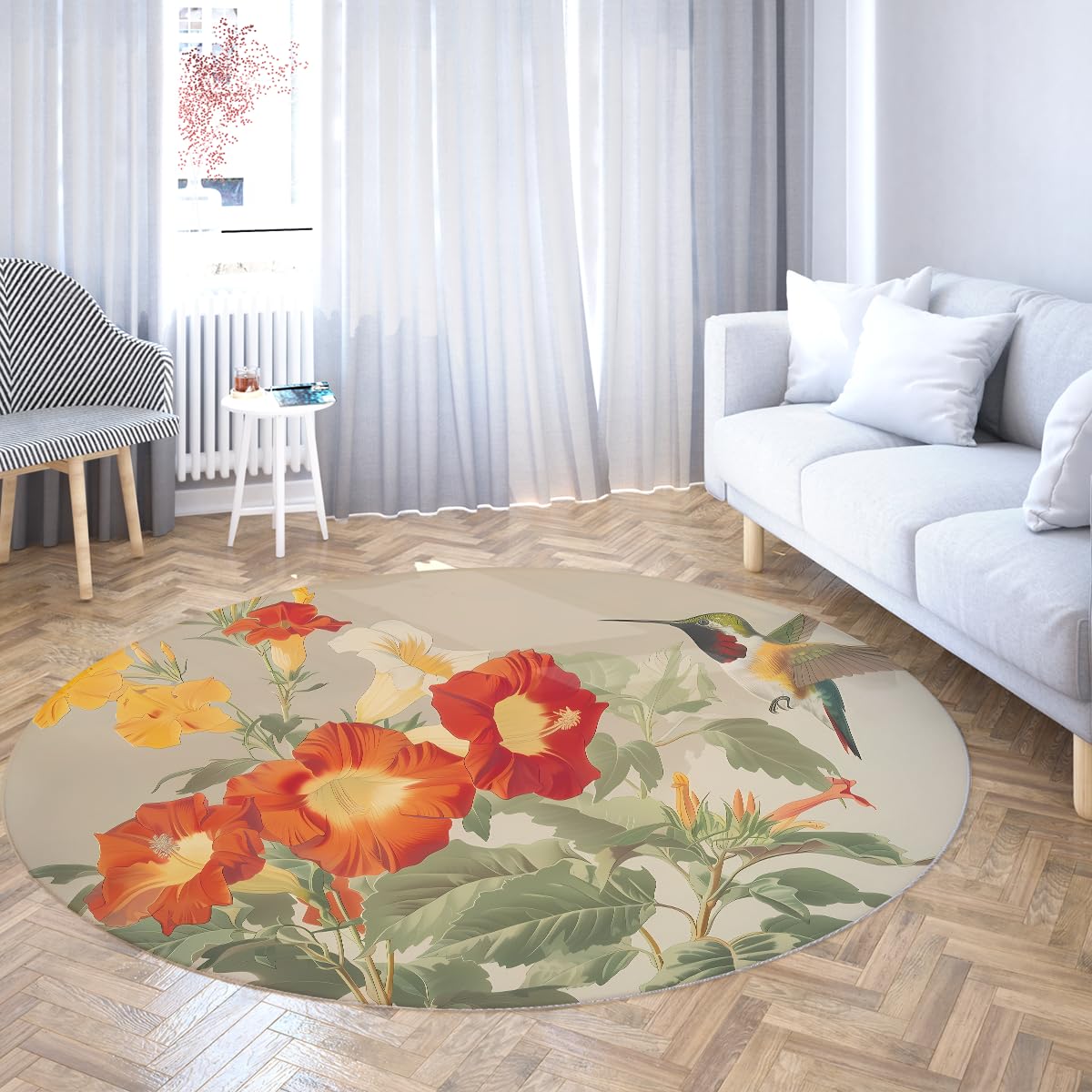 Tapis ronds à poil bas motif floral colibri pour sublimer votre chambre