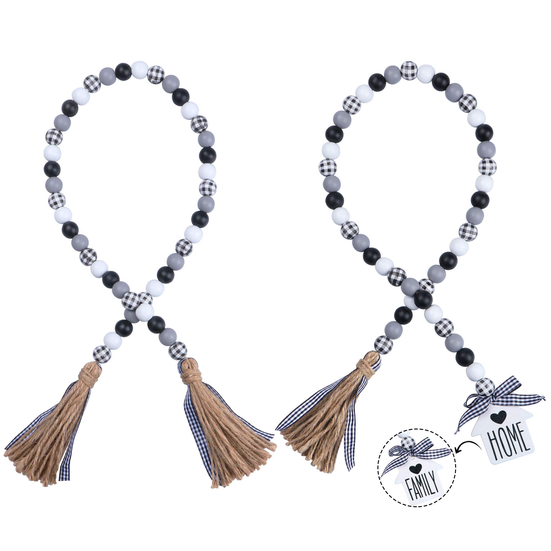 JOTFA 2 Pcs Farmhouse Wood Bead Garland, Rustic Black White Grey and Plaid Wooden Bead Garland with Jute Rope Tassel Wooden Home & Family Sign for Farmhouse Tiered Trays Décor