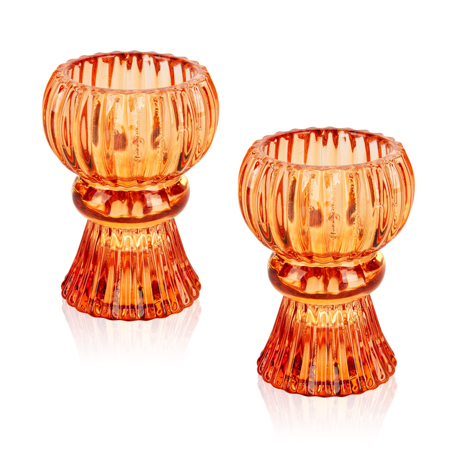 Glass Candle Holders, 2PCS Taper Candlestick Holders Tealight Candle Holders Decorative Candle Stand Tables Centerpieces Decor for Wedding Festival Party Windowsill, Orange