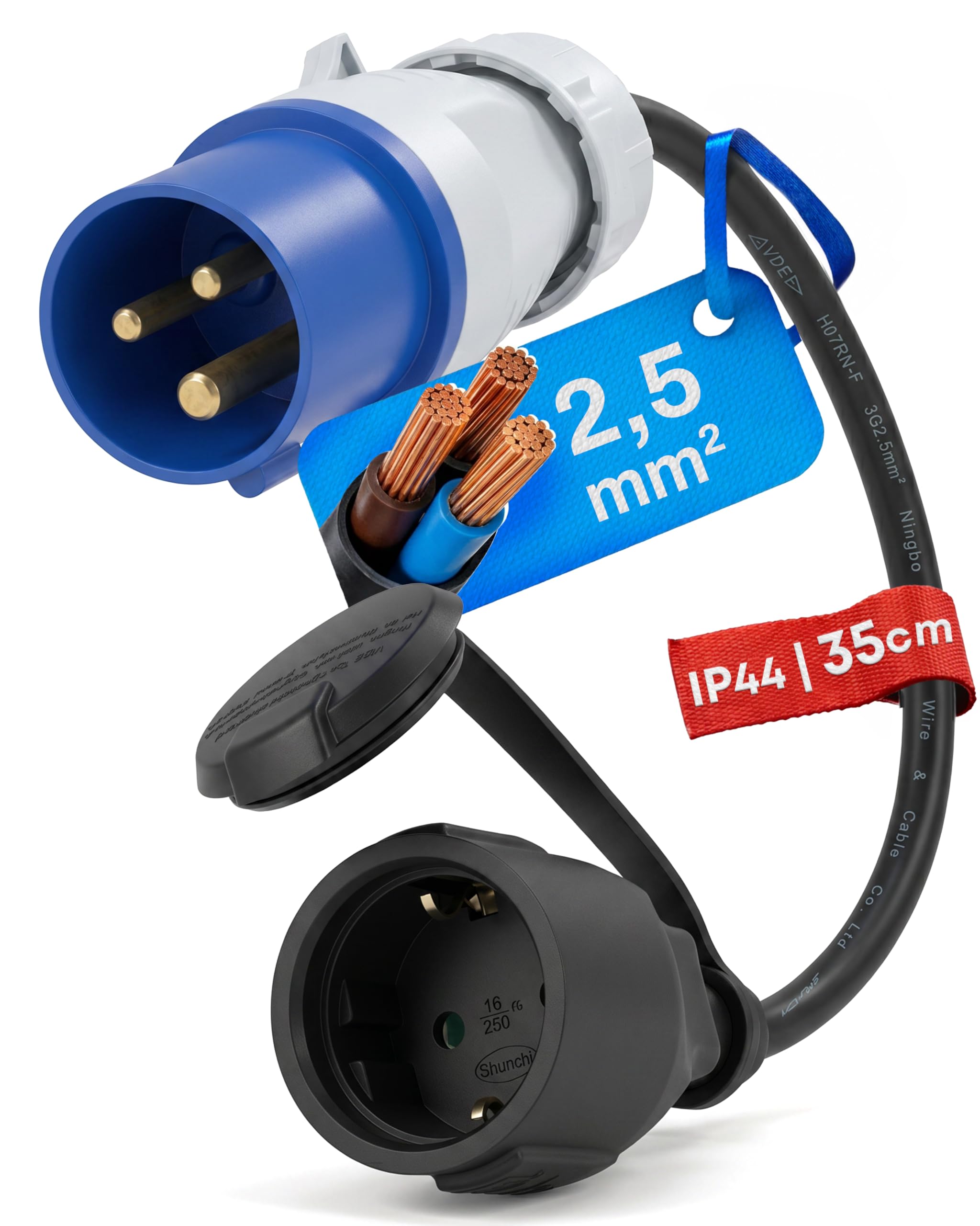 feletec CEE Adapter CEE Stecker auf Schuko Kupplung, 35cm Camping Strom-Kabel, IP44 Camping Verlängerungskabel, H07RN-F 3G2,5 Campingstecker Adapter 16A Baumarkt