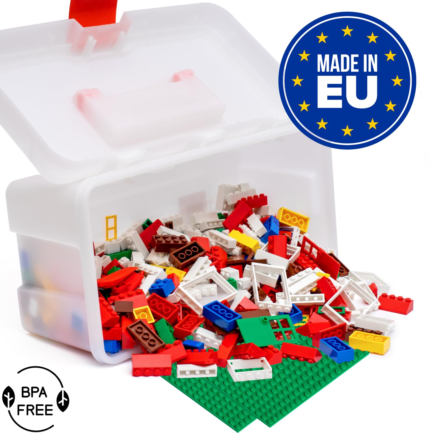 Jeux de Briques de Construction | Ensemble de 400 pièces | Comprend 19 Formes, Dont Portes, fenêtres, tuiles de Toit et plaques de Base | 8 Couleurs | Coffret de Rangement réutilisable