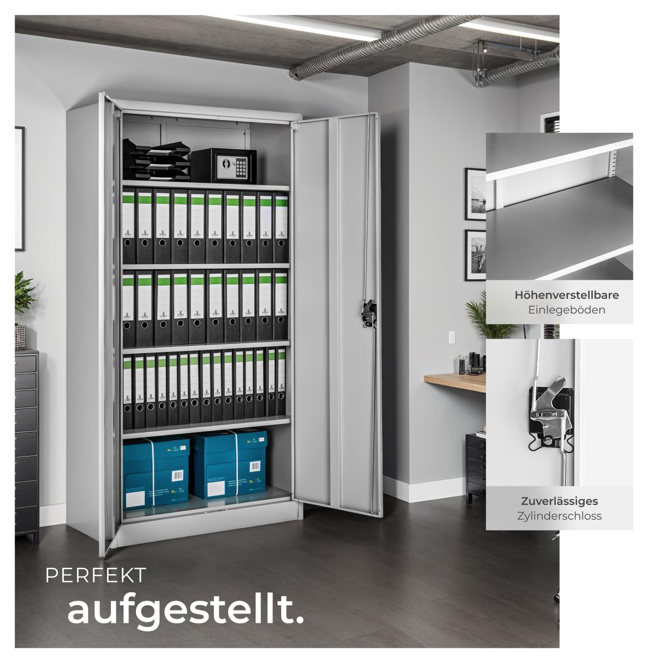 tectake® Aktenschrank, Büroschrank abschließbar, Mehrzweckschrank aus Stahl, Allzweckschrank mit 2 Türen, inkl. 3 höhenverstellbare Einlegeböden, Aktenschrank abschließbar 180x80x40 cm - grau