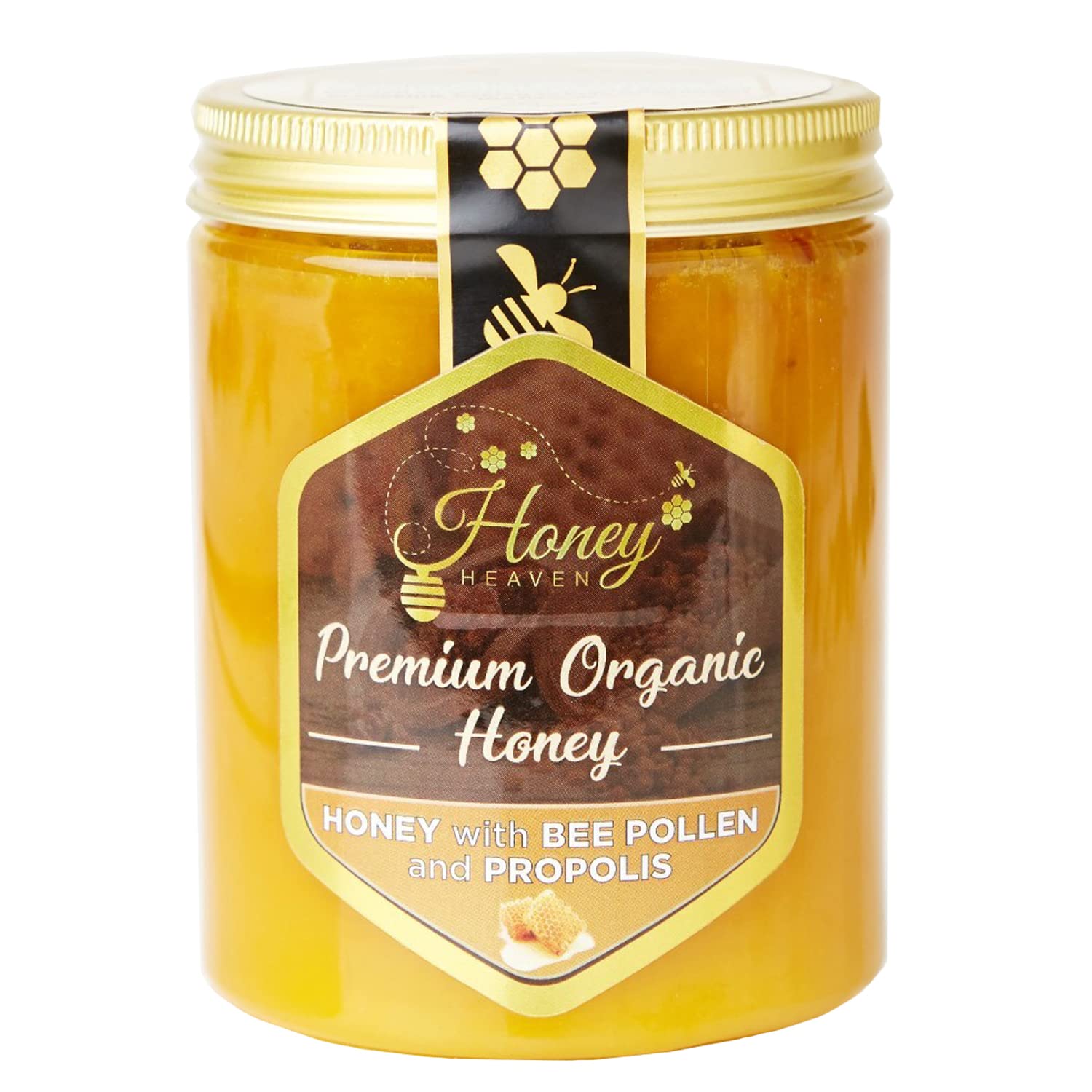 Honey Heaven Organic Premium Honey with Bee Pollen and Propolis. Natural Raw Unpasteurised Unfiltered GMO and Gluten Free 400gr Jar
