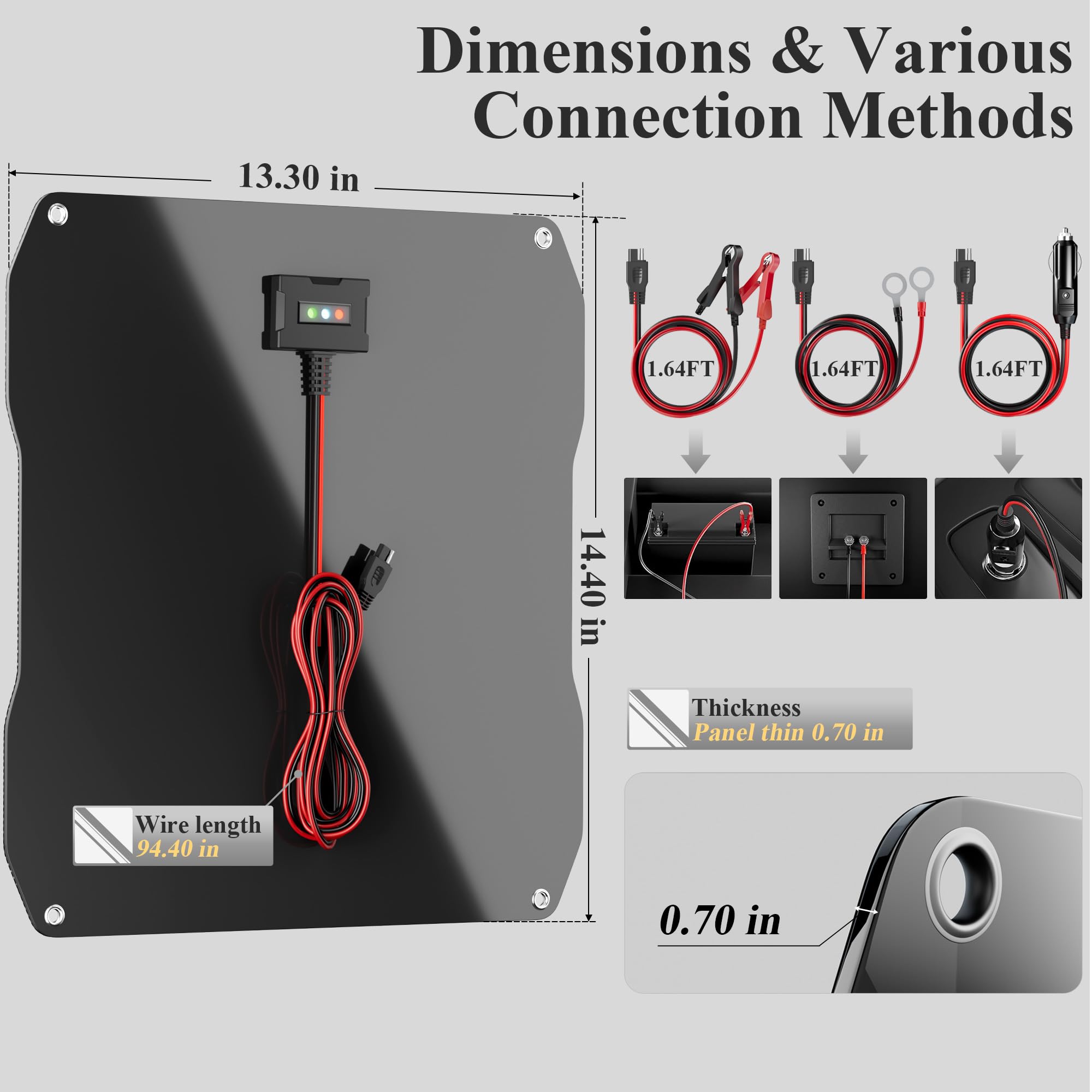 Voltset Chargeur de batterie de voiture à panneau solaire de 20 W, 12 V, ETFE, portable, étanche, chargeur de batterie de maintenance et de maintenance pour voiture, bateau, camping-car et moto