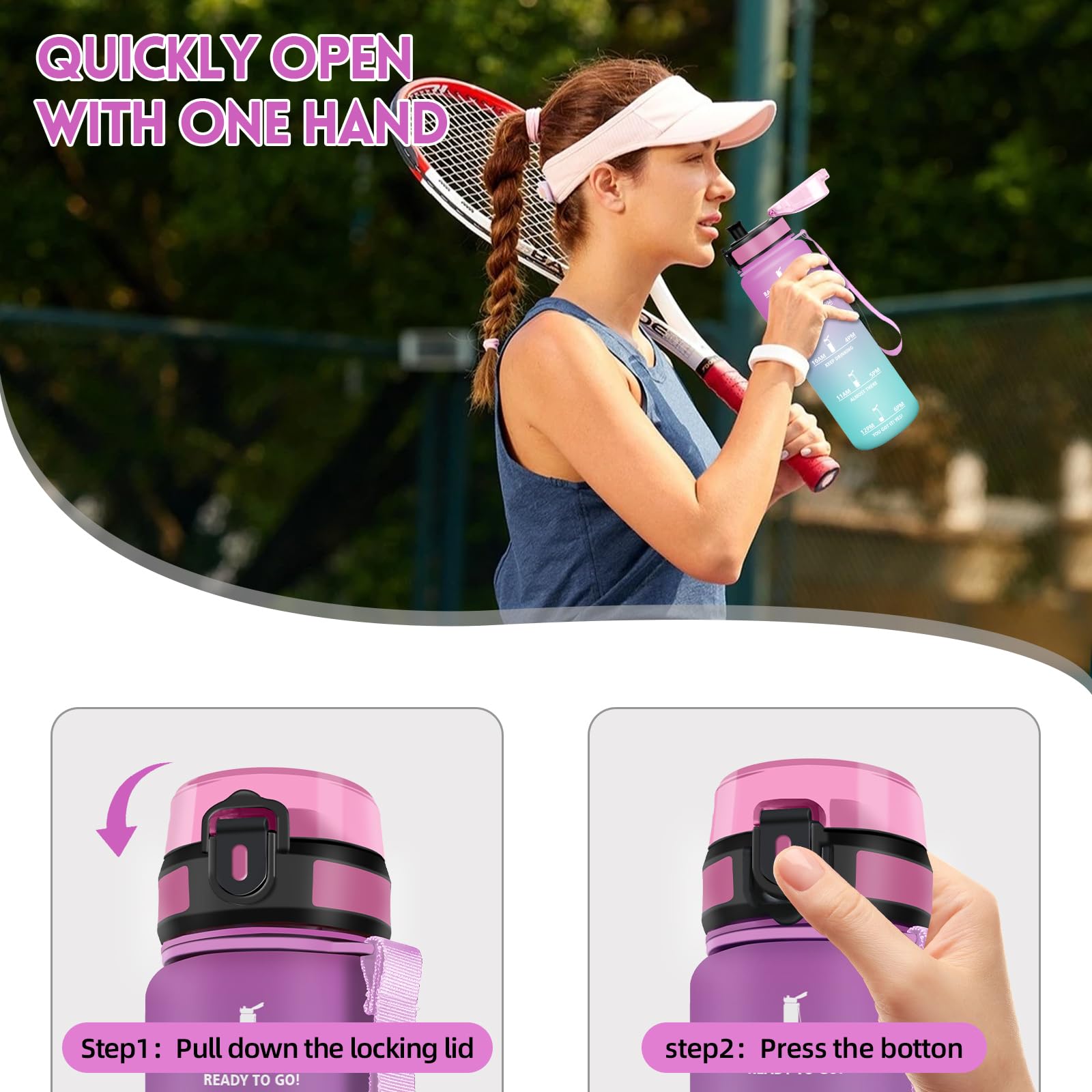 Motswedi Borraccia 1 litro, con Filtro, Borraccia Motivazionale, Prova di Perdite, Senza BPA, Bottiglia Acqua, con Marcatori di Tempo, per Scuola, Palestra, Ufficio, Ciclismo, Rosa Rosso & Ciano