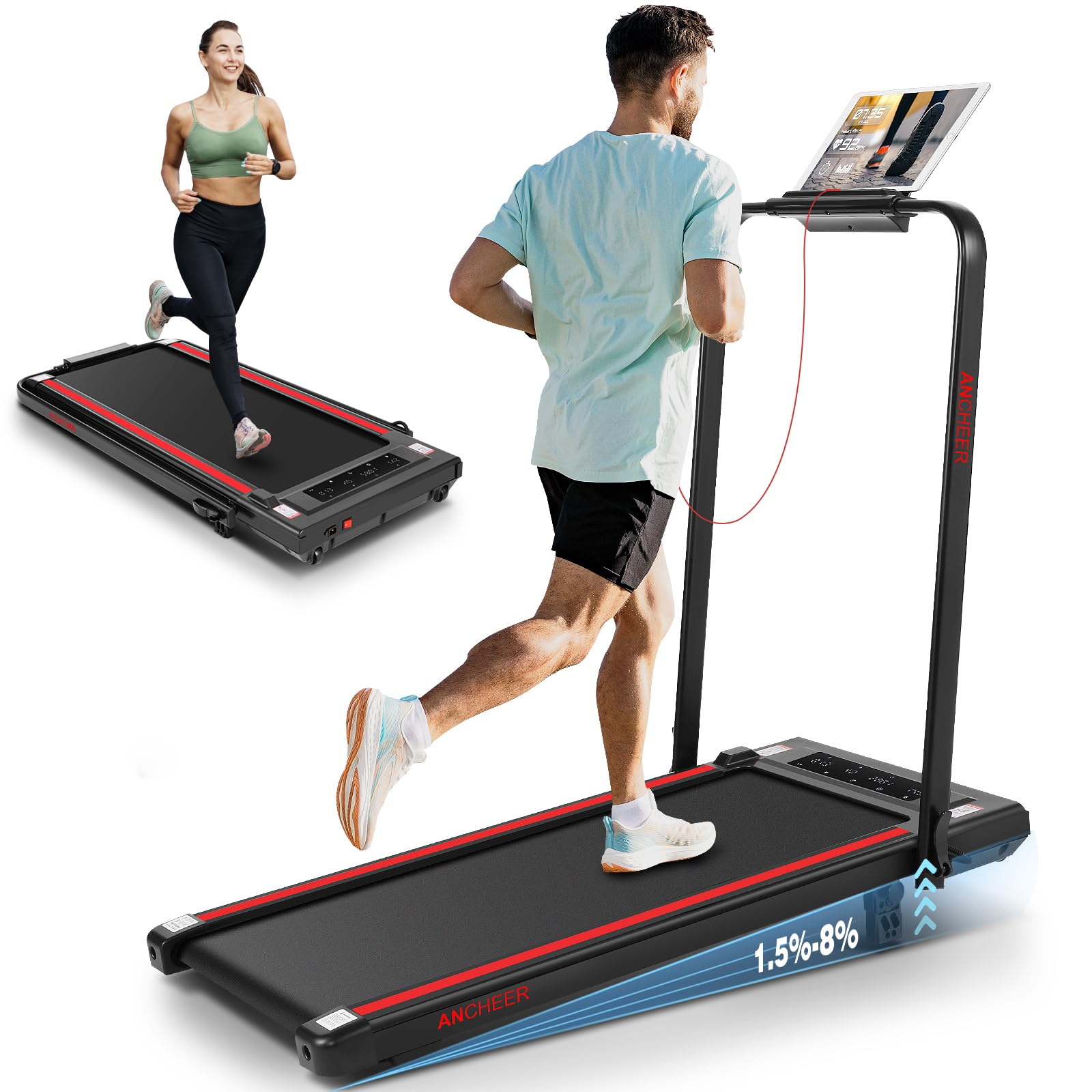 ANCHEER Treadmill with 12%/15% Incline, Folding Walking Pad with Handle Bar, 320-450lb Capacity Under Desk Foldable 3.5HP Treadmills for Home/Office/Gym,Installation-Free