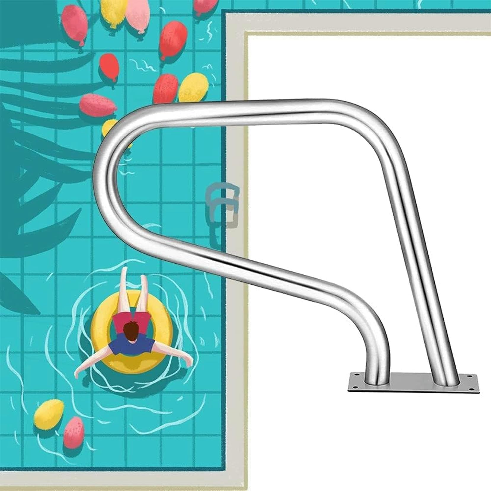 Main courante de piscine en argent avec plaque de base et rampe d'accès sécurisée