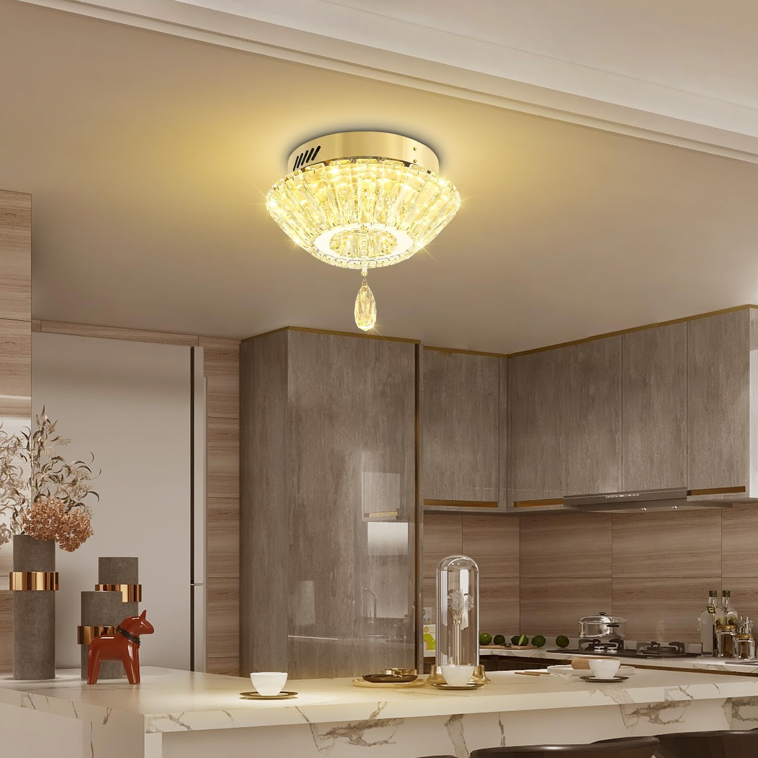 11.8" Mini Gold Crystal Chandelier LED Modern Flush Mount Ceiling Light for Hallway,Bedroom, Kitchen,