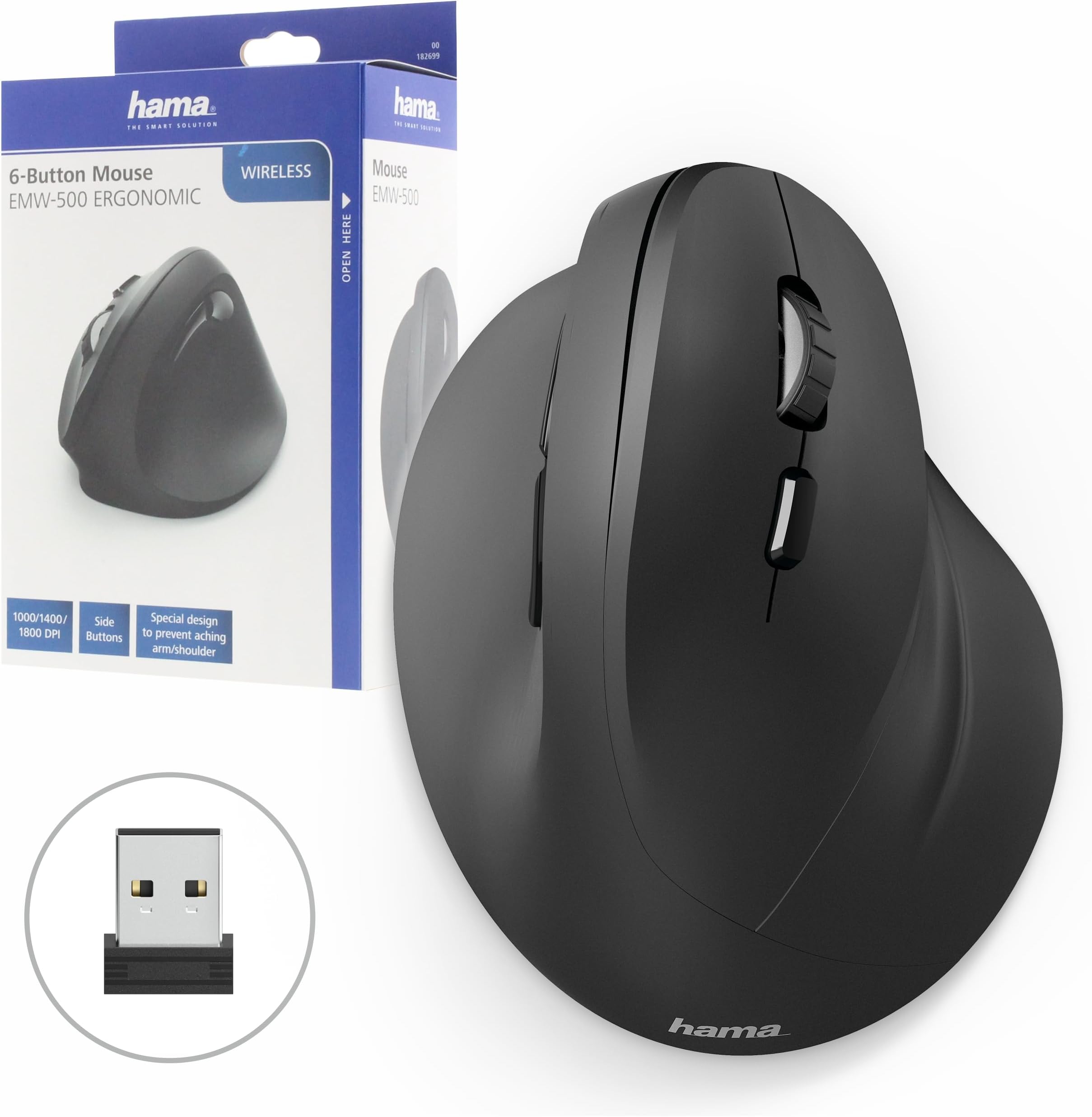 Hama Vertical Ergonomic Wireless Mouse EMW-500, 6 Buttons, 1800 DPI, 2.4 GHz USB Receiver, Right-Handed, Adjustable DPI, Comfortable Grip, for Laptop/PC, Black