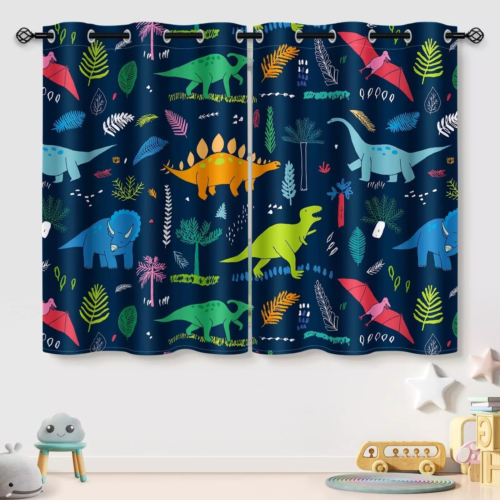 SMXVRC Dinosaur Print Eyelet Curtain Tropical Leaves Wildlife Pattern Bedroom Window Curtains Soft Energy Saving Full Light Blocking Thermal Insulated Drapes for Home Decor W66 x L90 x 2 Panels