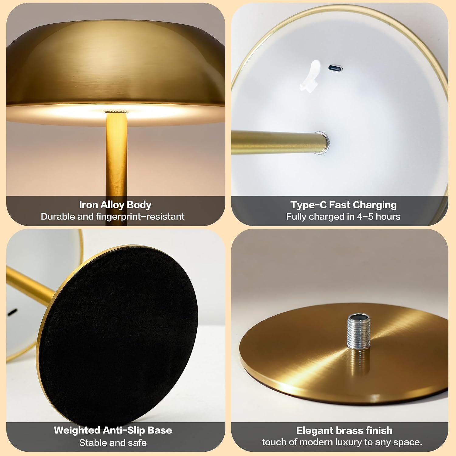 Gold Cordless Table Lamp, 5200mAh Battery Operated Mushroom Lamp, 3-Color Stepless Dimming, Portable Rechargeable LED Light for Bedside, Restaurant, Patio (Damp Rated)